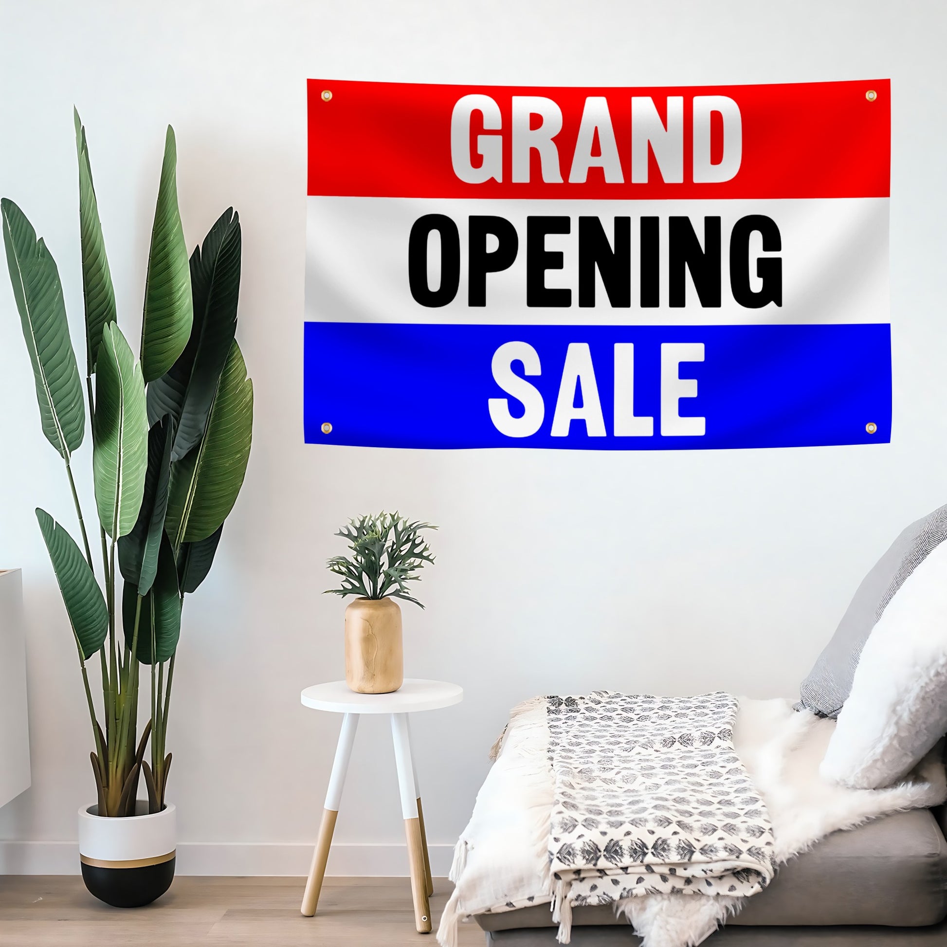 Grand Opening Sale flag banner on a wall with plants and furniture.