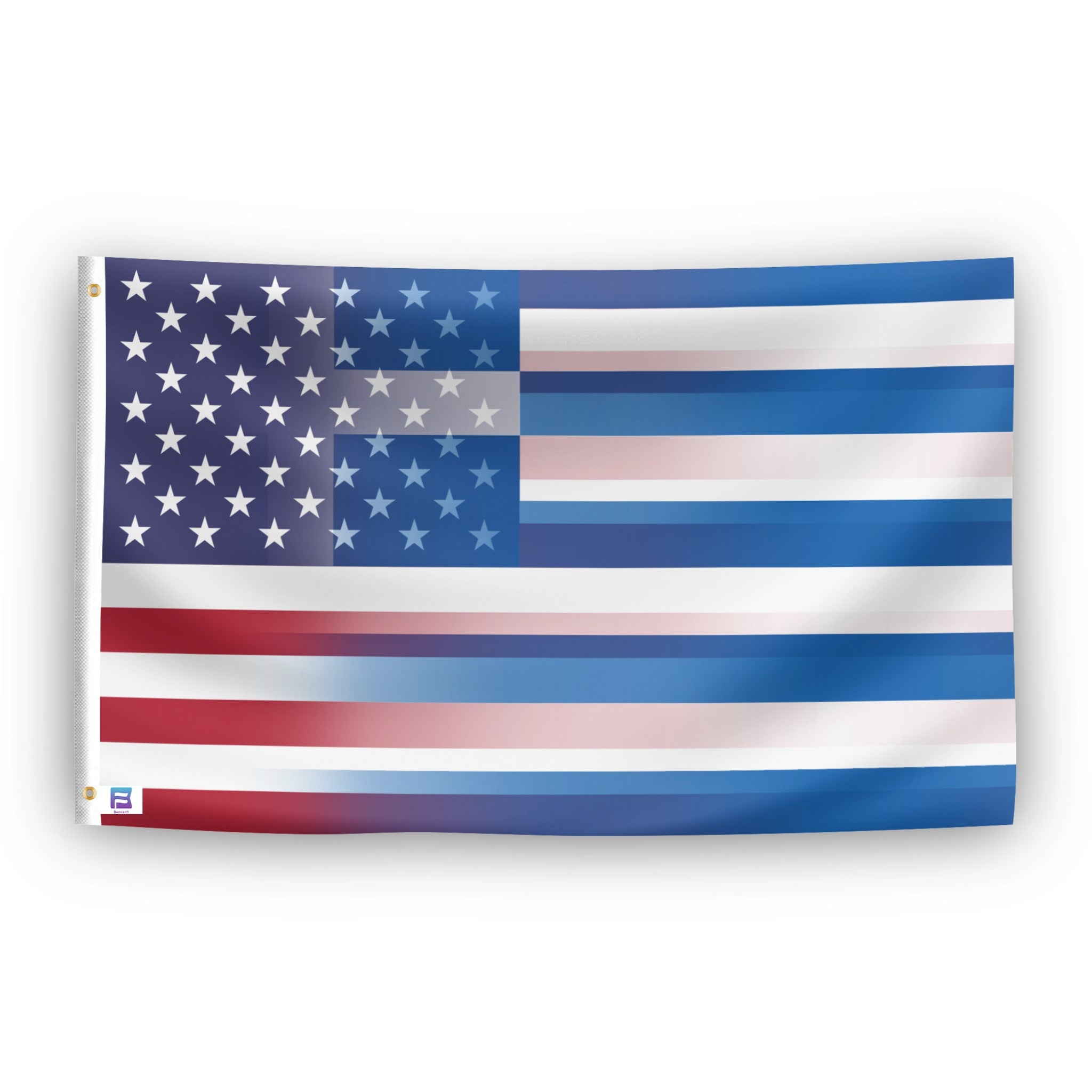 American Flag blended with the Greek Flag, with blue, white, and red horizontal stripes and white stars.