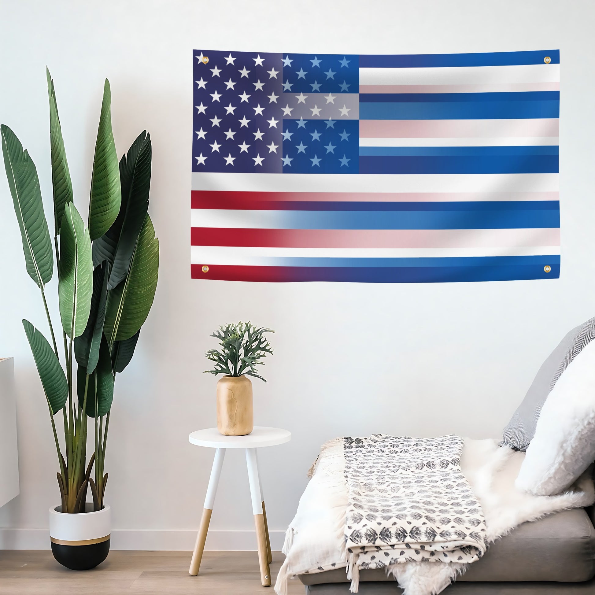 Greek American Hybrid Flag hanging on a wall above a sofa with plants and a small table.