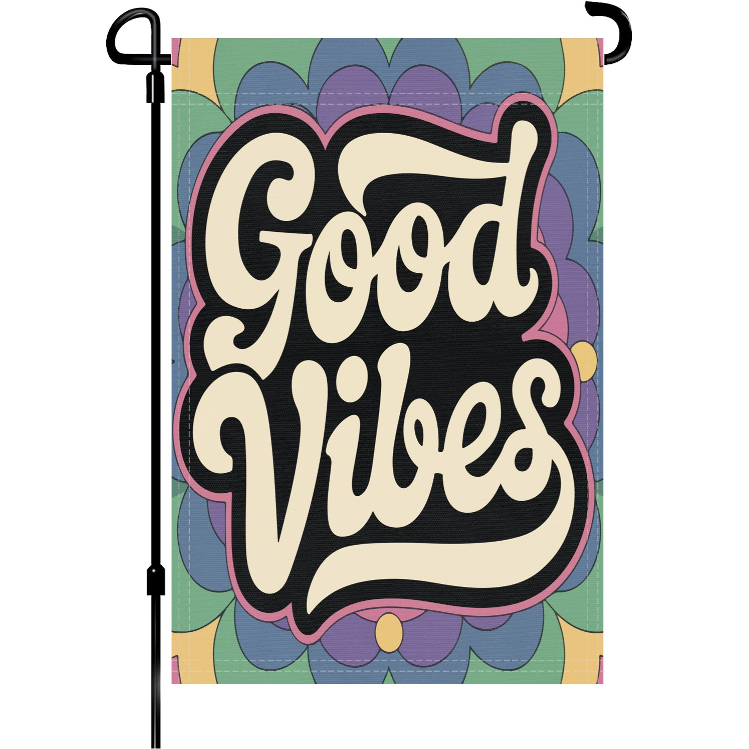 Groovy Good Vibes garden flag made of weatherproof polyester mounted on a garden flagpole | Bannerfi