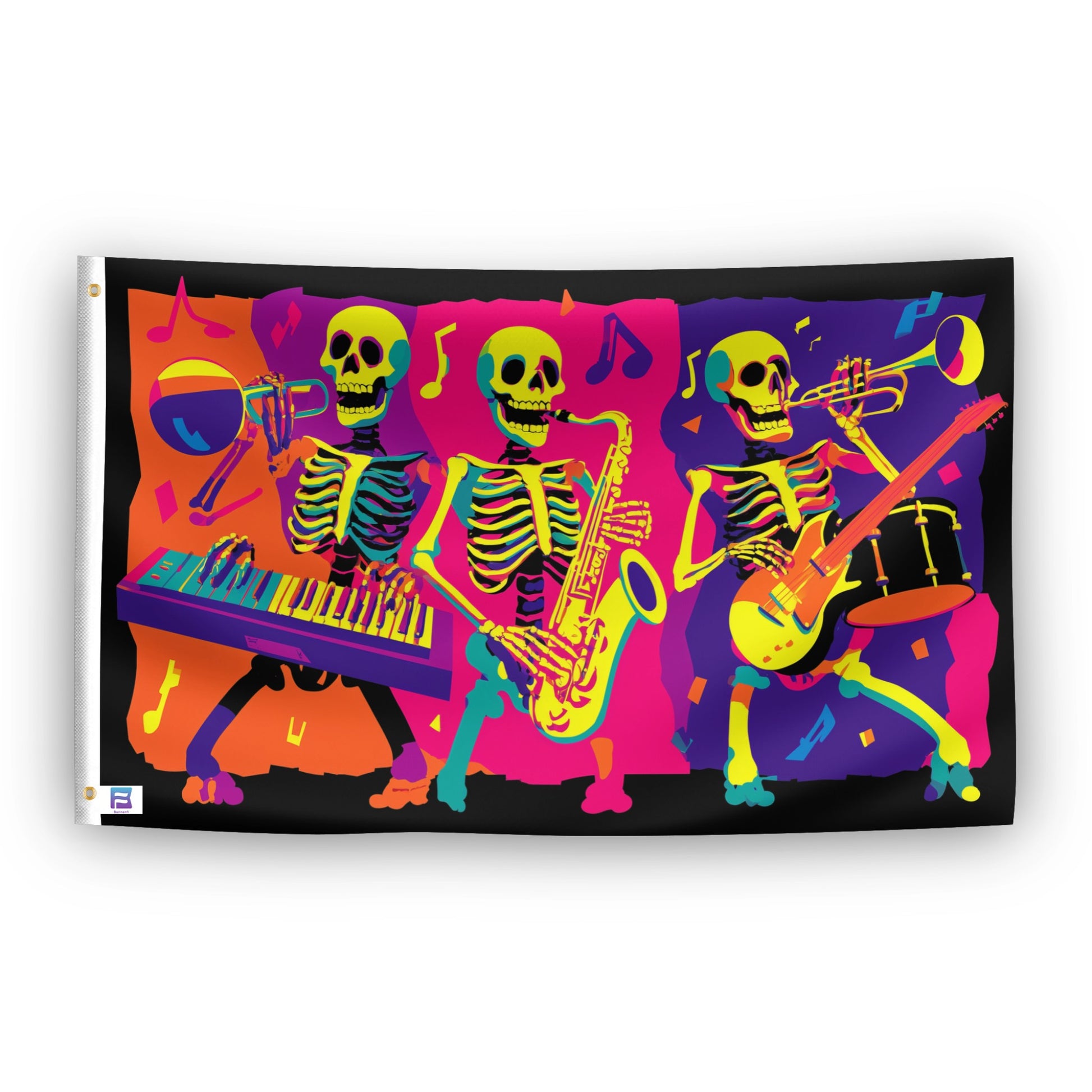 Groovy Skeletons Band flag – weatherproof polyester with brass grommets and canvas header | Bannerfi