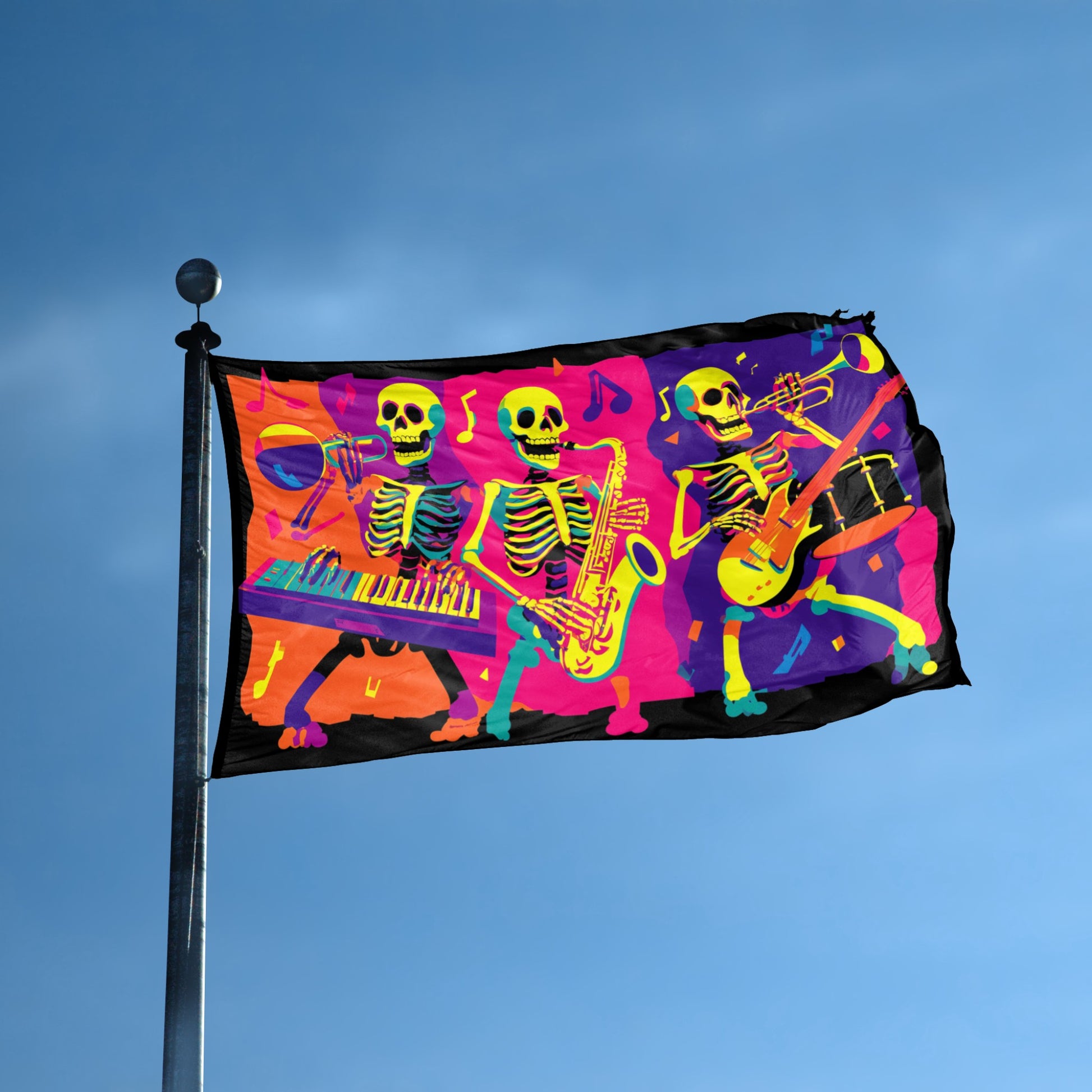 Groovy Skeletons Band flag displayed outdoors – weatherproof house banner on pole | Bannerfi