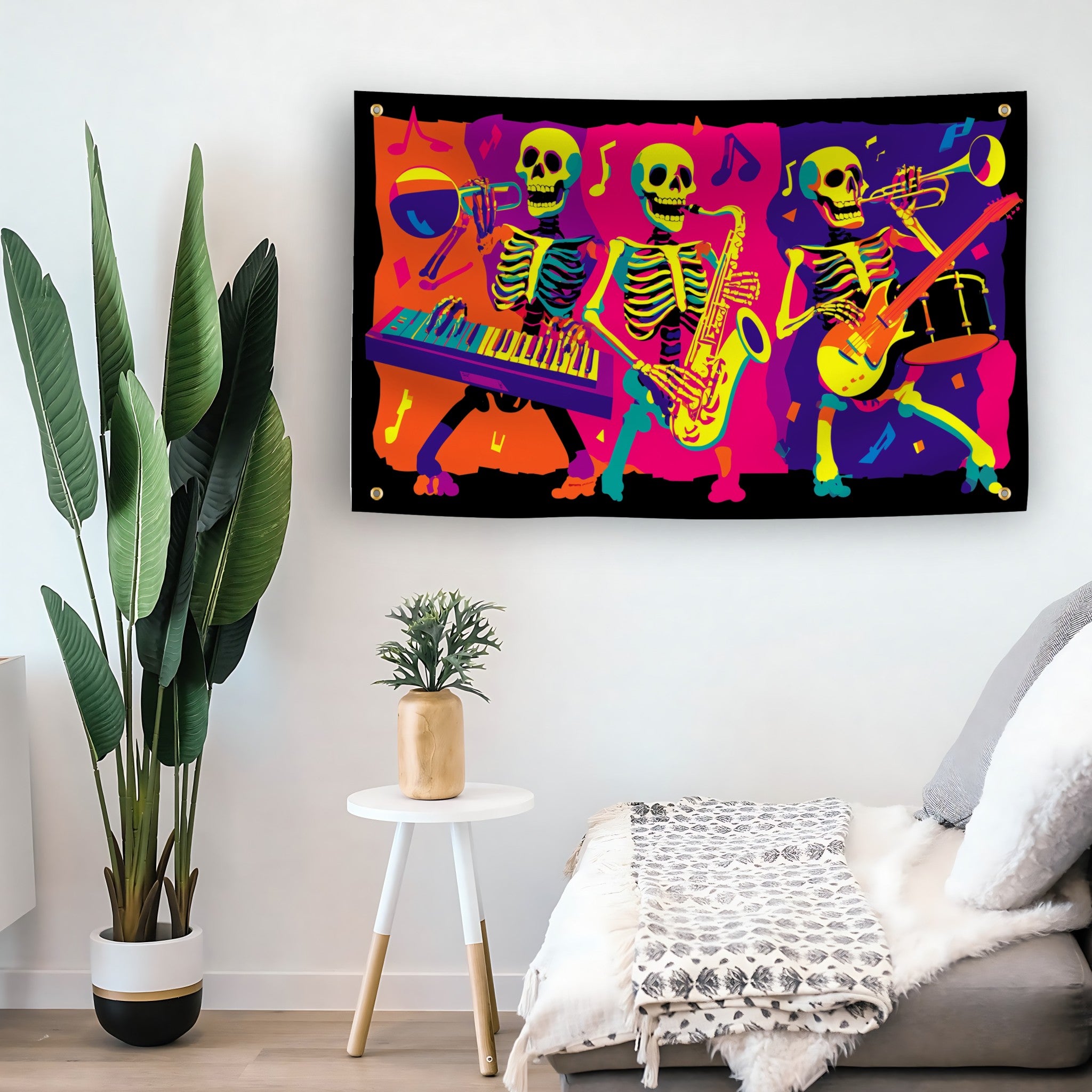 Groovy Skeletons Band flag as indoor wall art – versatile home décor | Bannerfi