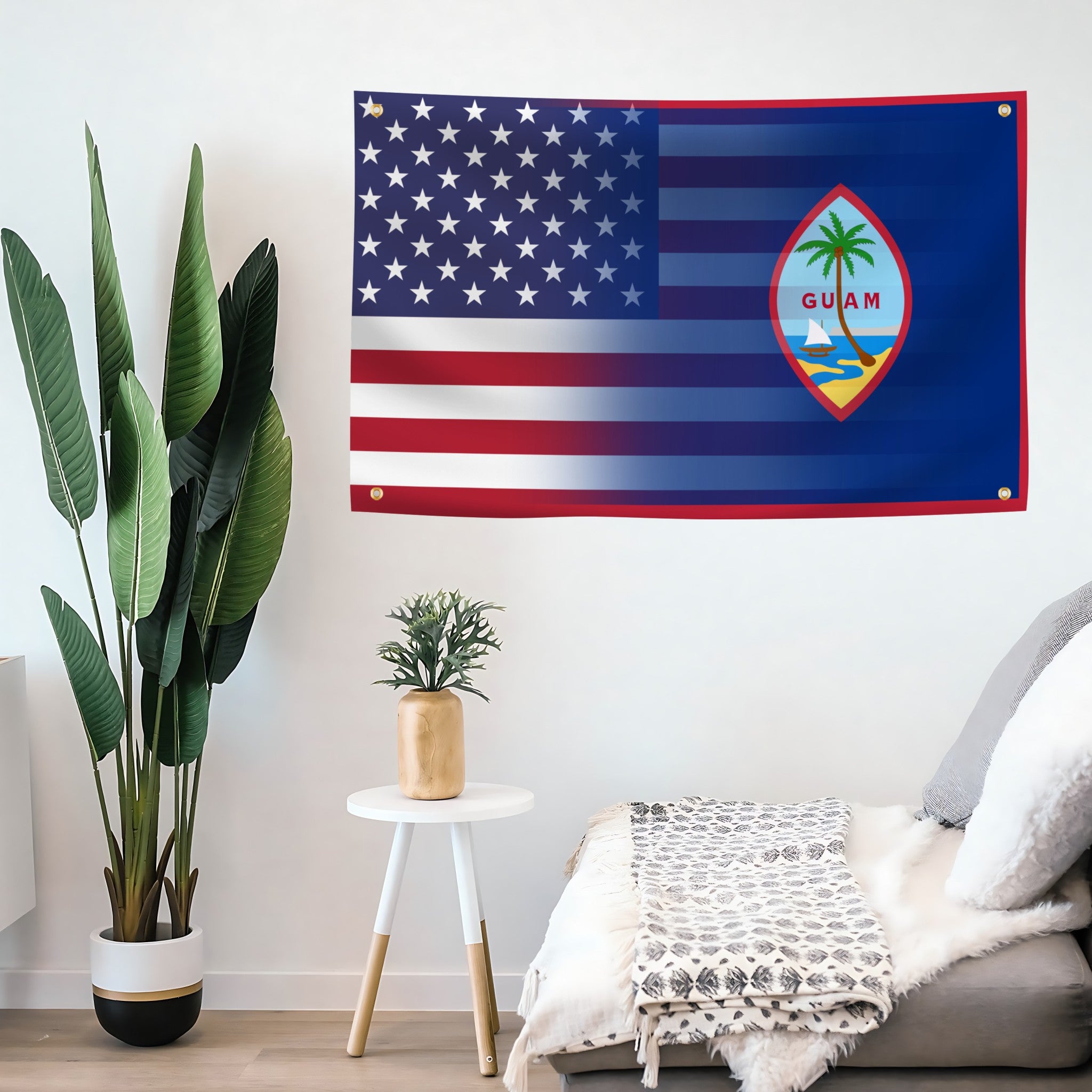Guam and American Flag Banner Hybrid with 4 grommets mounted on a wall. 
