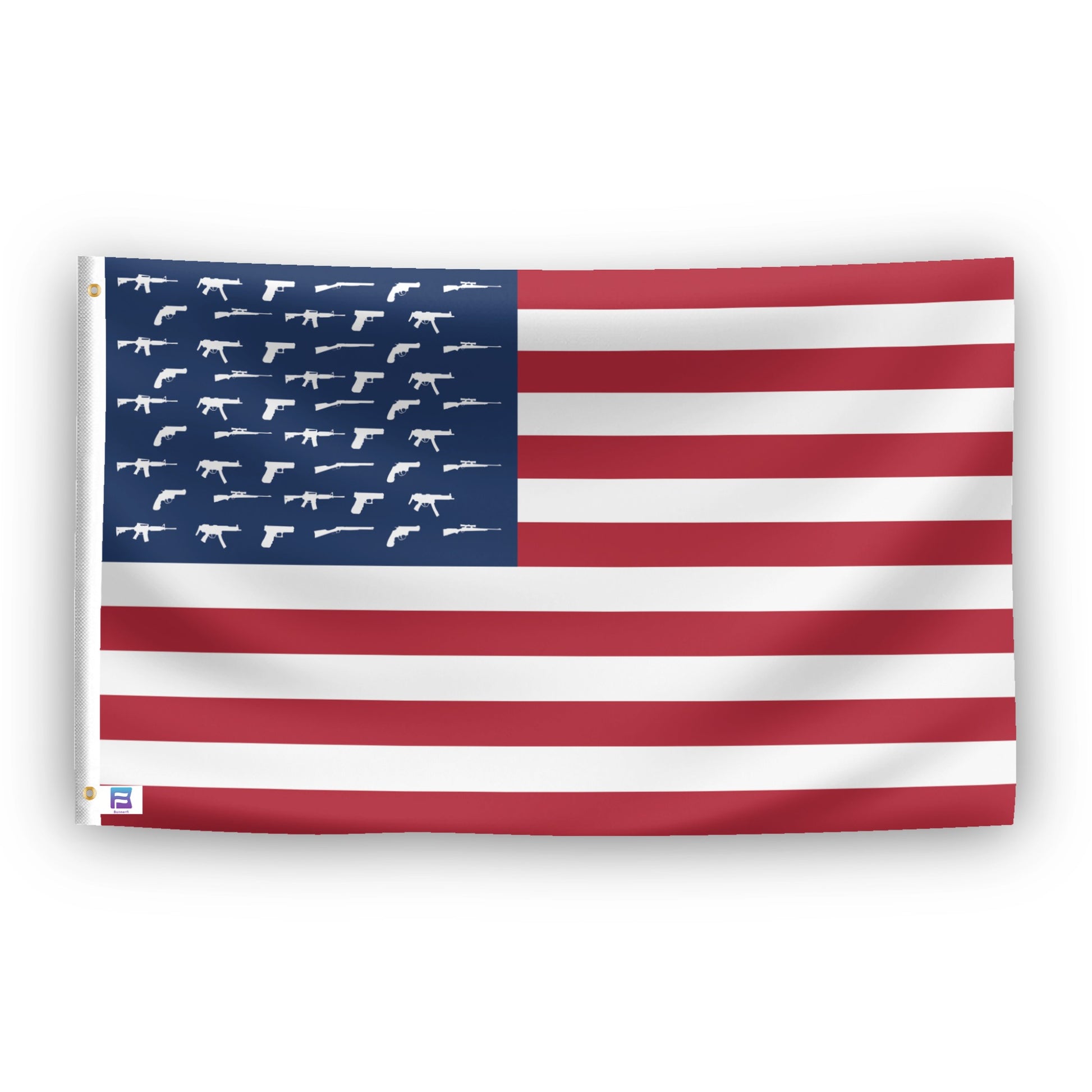 A flag with the theme "Gun Stars American", displayed with two brass grommets reinforced with a white canvas header.