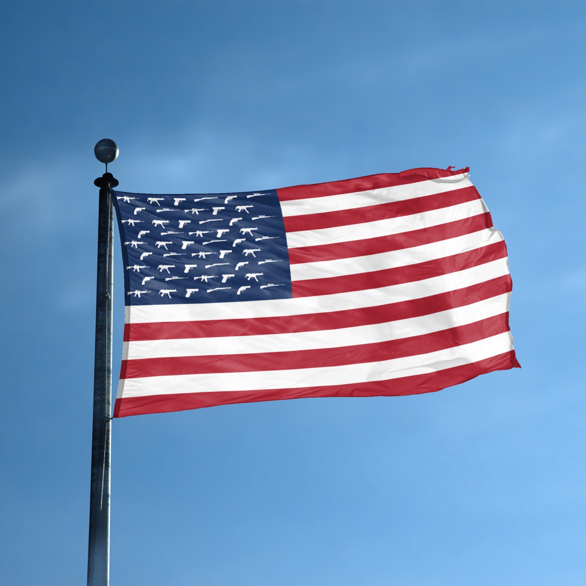 A flag with the theme "Gun Stars American" displayed on a tall flag pole and blue skies.