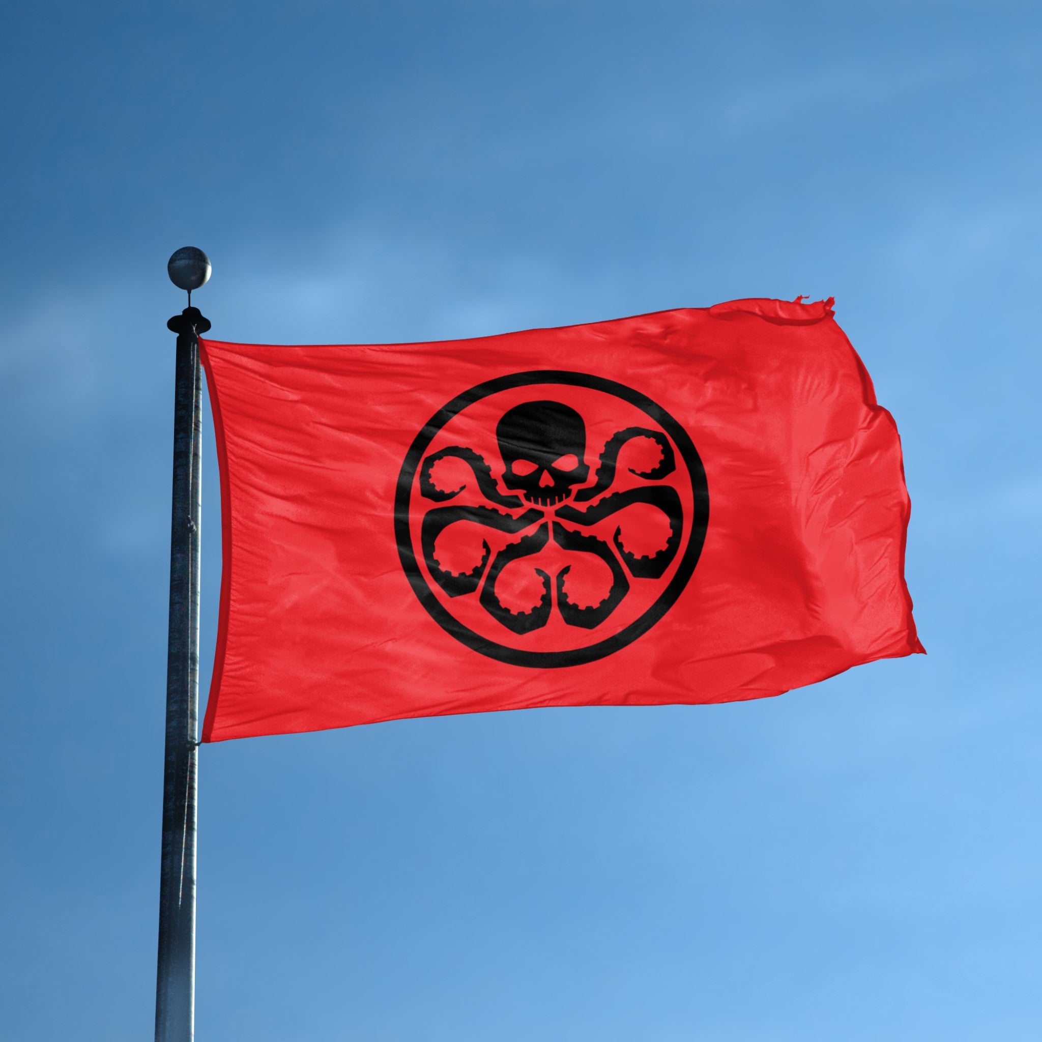 Red flag with a black Hail Hydra symbol on a flagpole against a blue sky.