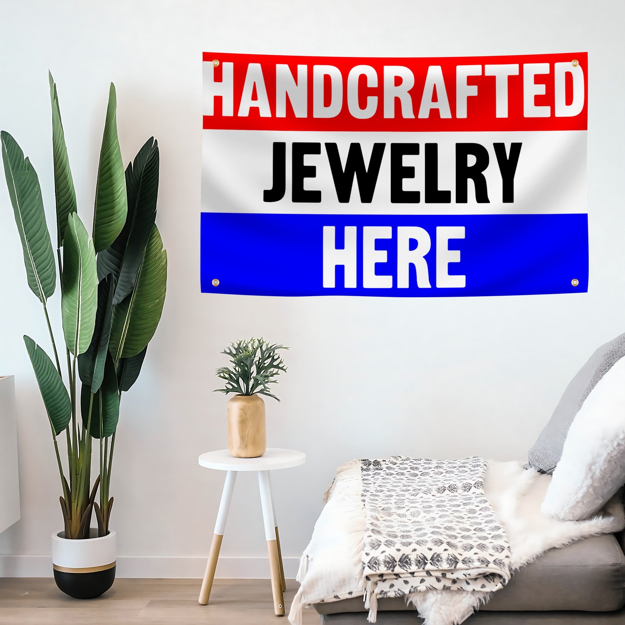 Handcrafted jewelry flag banner mounted on a wall.