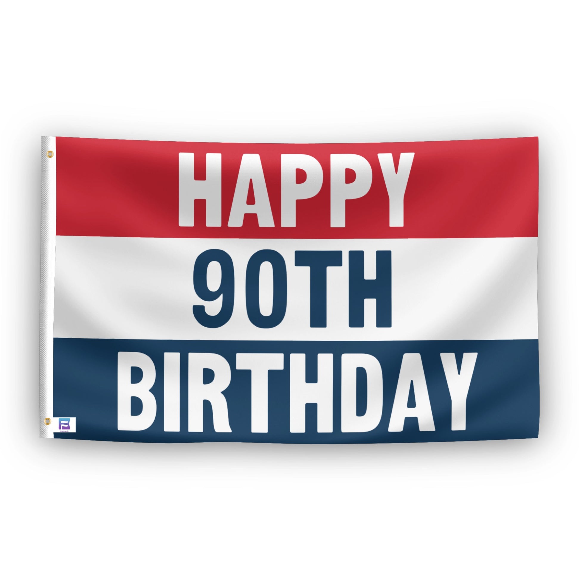 Happy 90th Birthday flag – weatherproof polyester with brass grommets and canvas header | Bannerfi