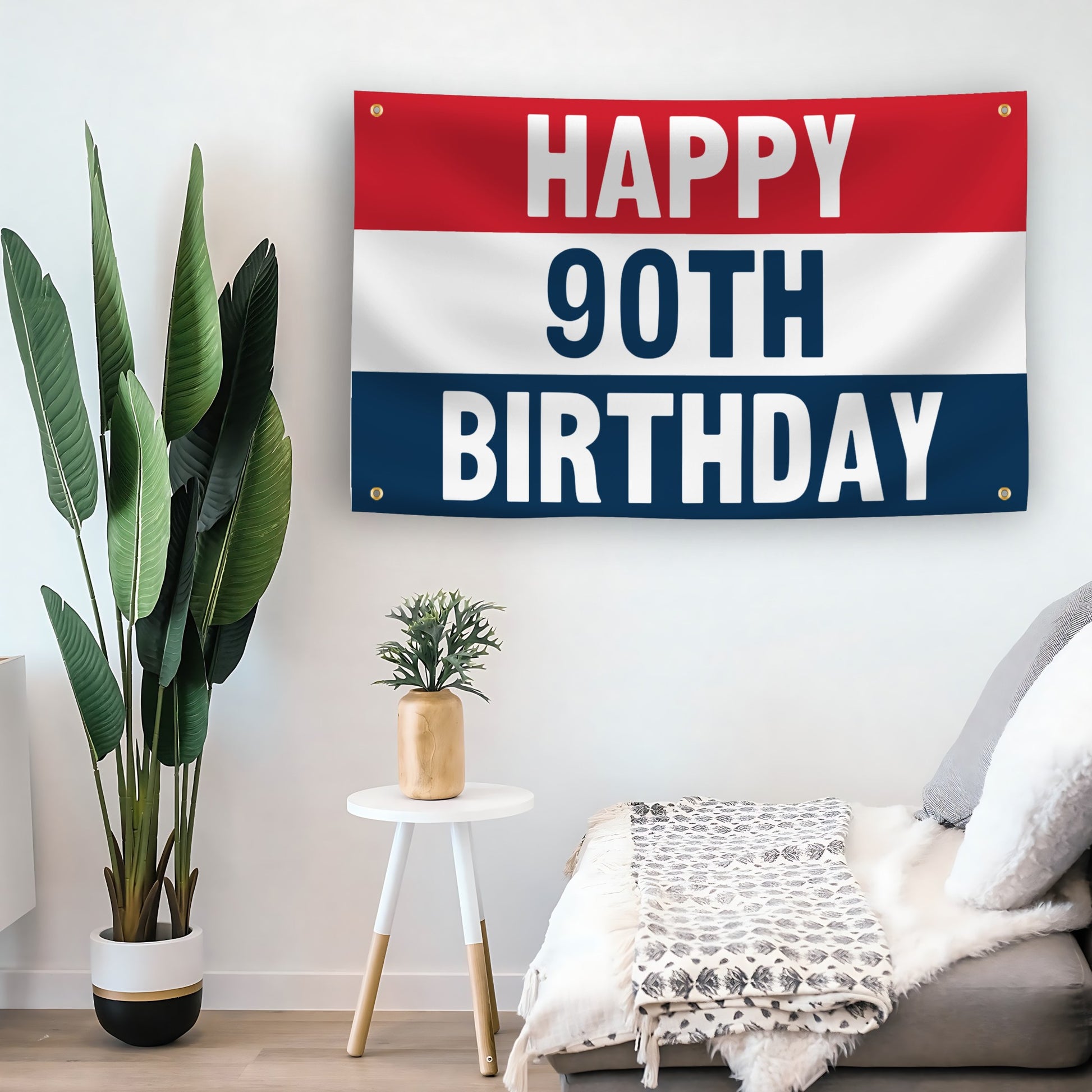 Happy 90th Birthday flag as indoor wall art – versatile home décor | Bannerfi