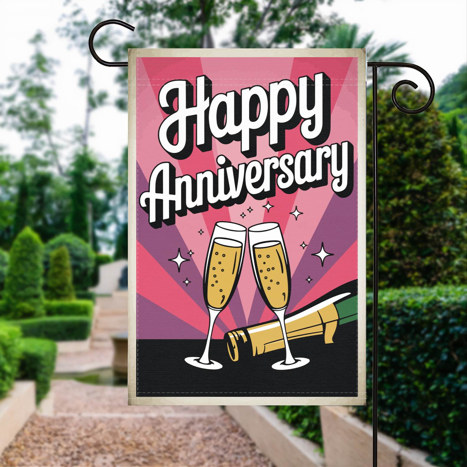 Happy Anniversary garden flag made of weatherproof polyester displayed in a garden | Bannerfi