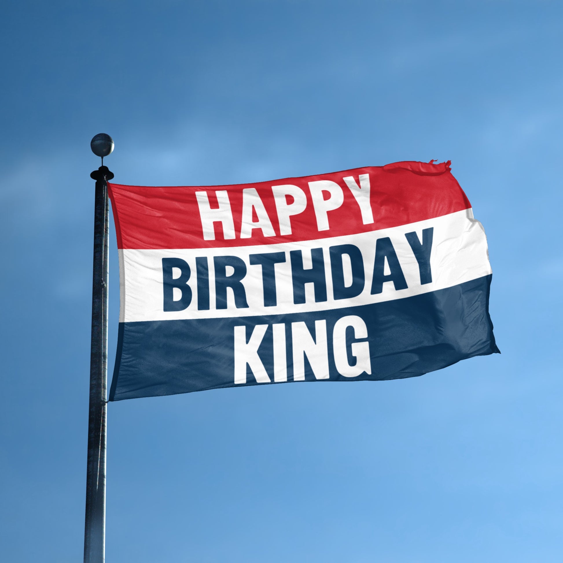 Happy Birthday King flag displayed outdoors – weatherproof house banner on pole | Bannerfi