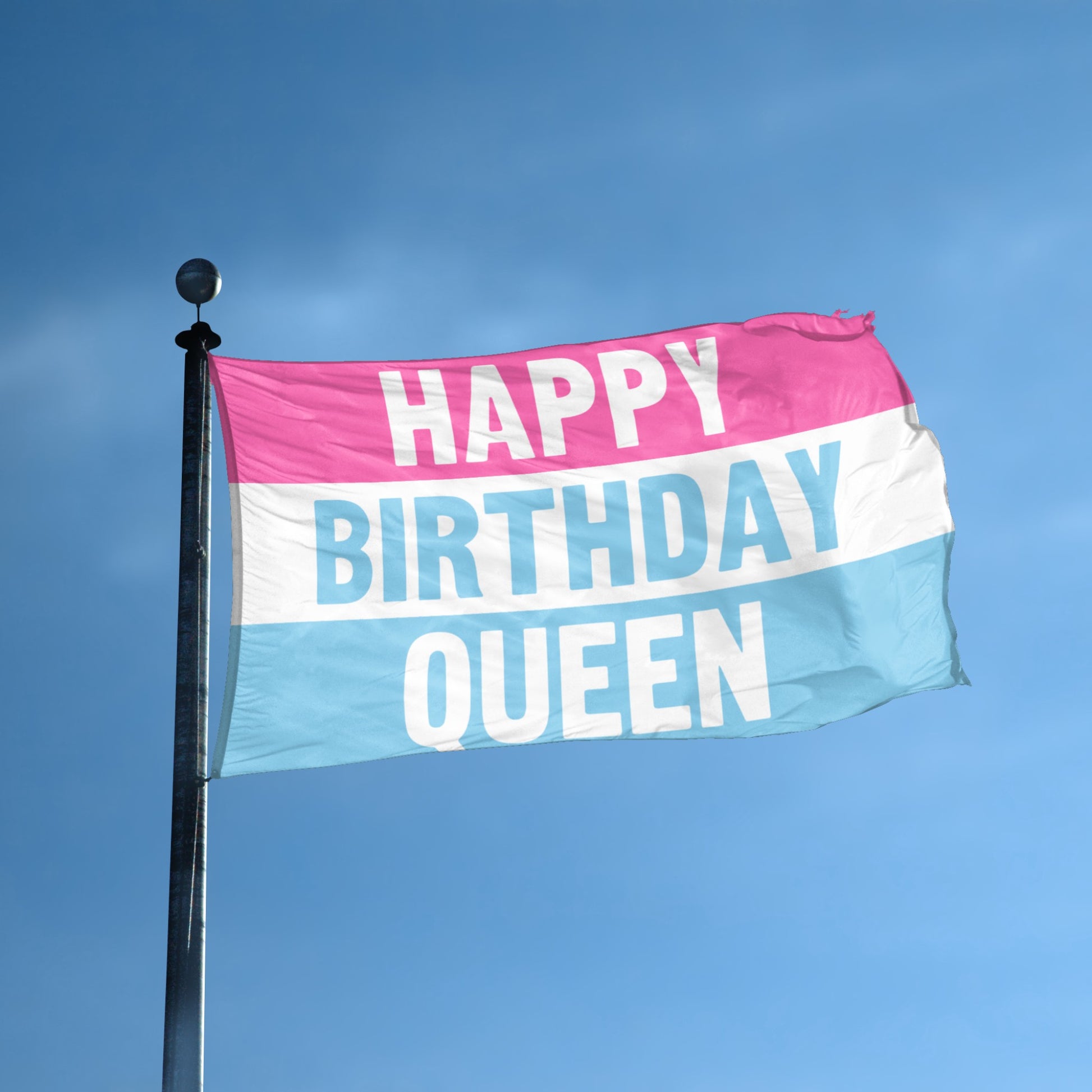 Happy Birthday Queen flag displayed outdoors – weatherproof house banner on pole | Bannerfi