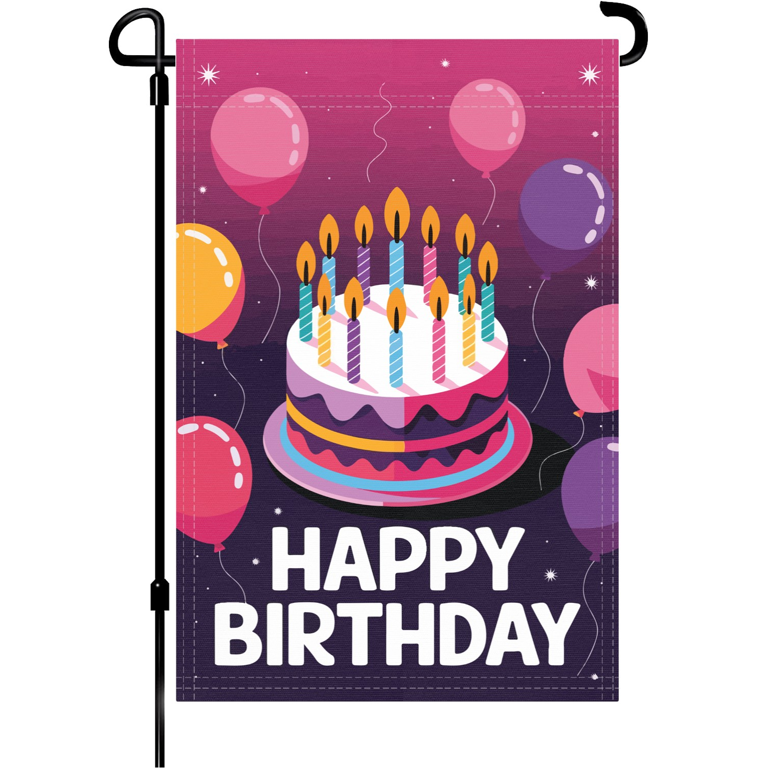 Happy Birthday garden flag made of weatherproof polyester mounted on a garden flagpole | Bannerfi