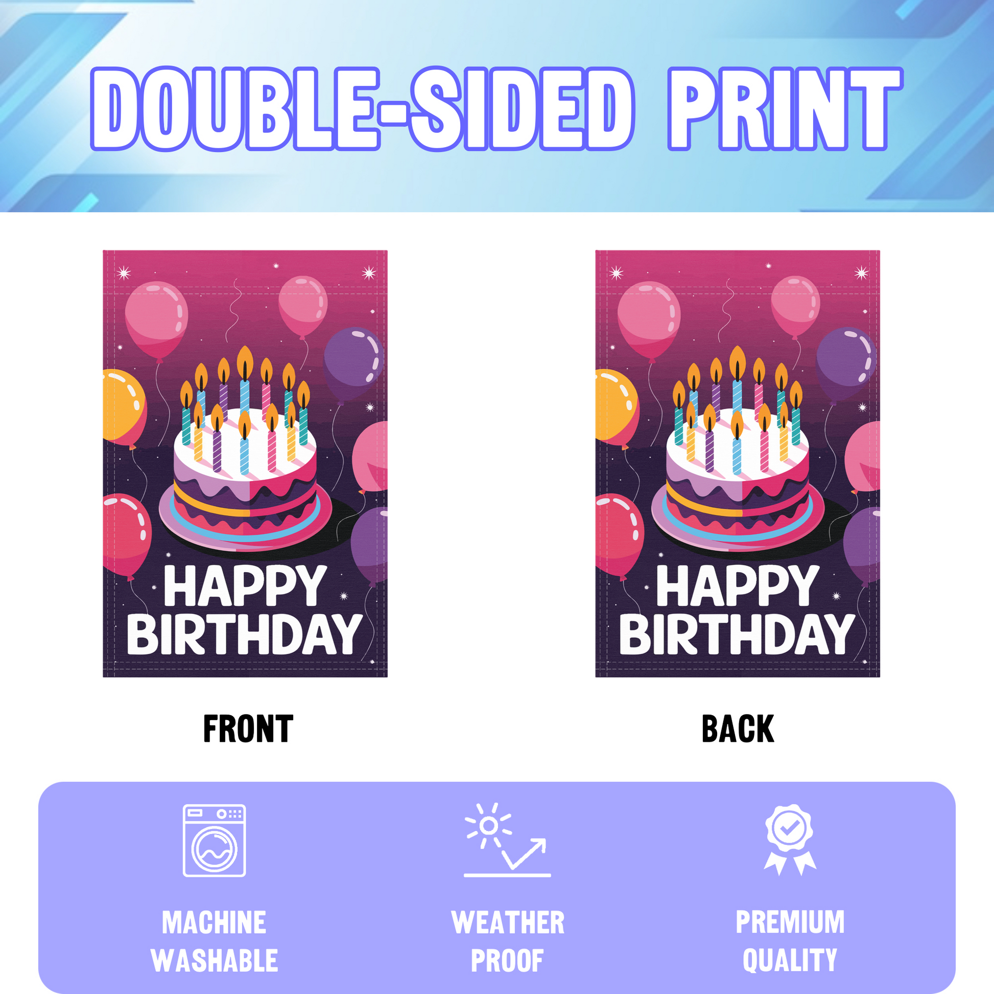 Happy Birthday garden flag displayed in an infographic, showing the double sided print and high quality characteristics | Bannerfi
