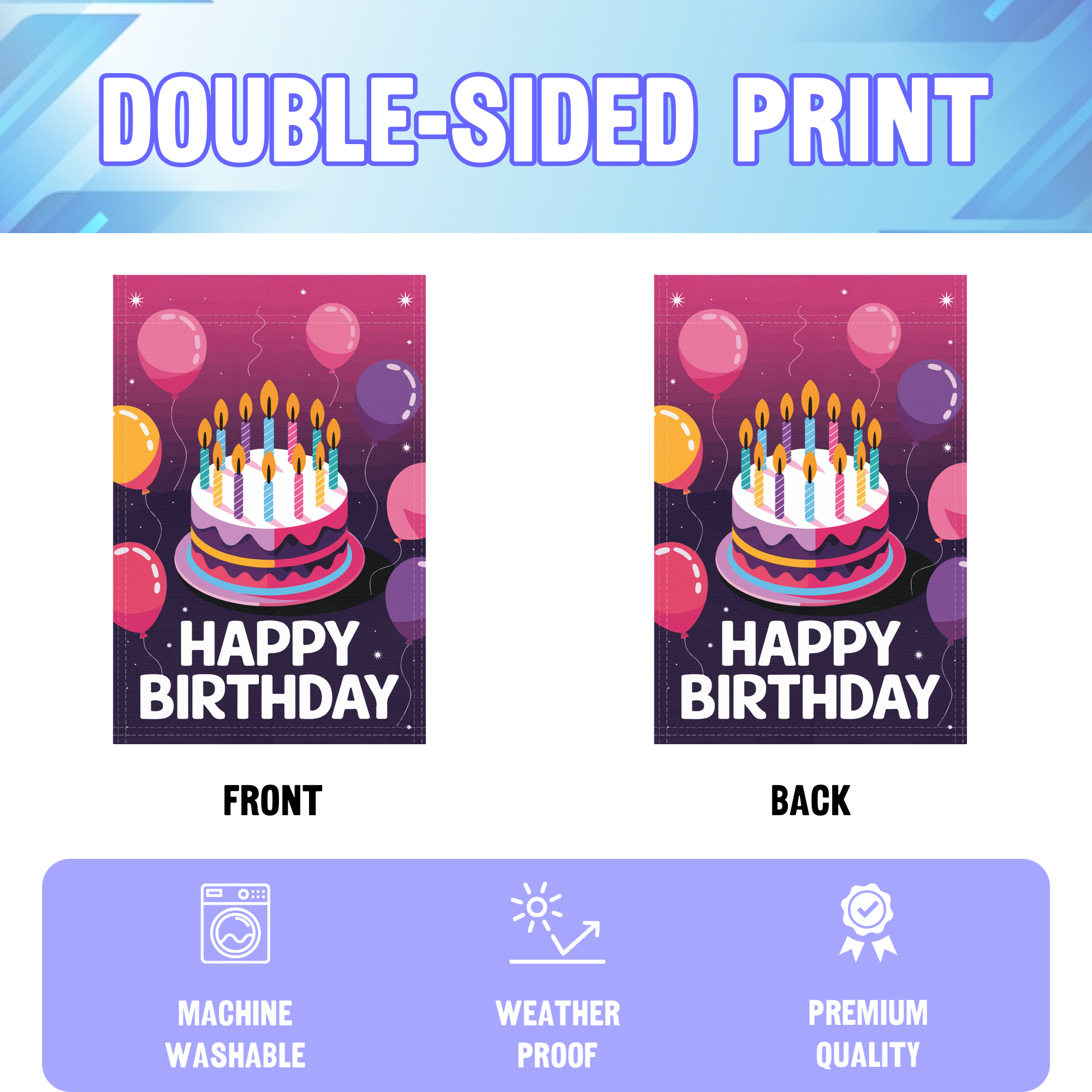 Happy Birthday garden flag displayed in an infographic, showing the double sided print and high quality characteristics | Bannerfi