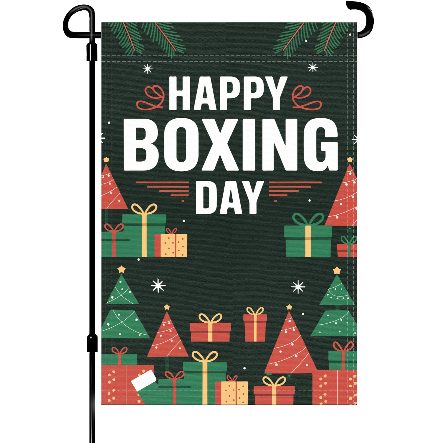 Happy Boxing Day garden flag made of weatherproof polyester mounted on a garden flagpole | Bannerfi