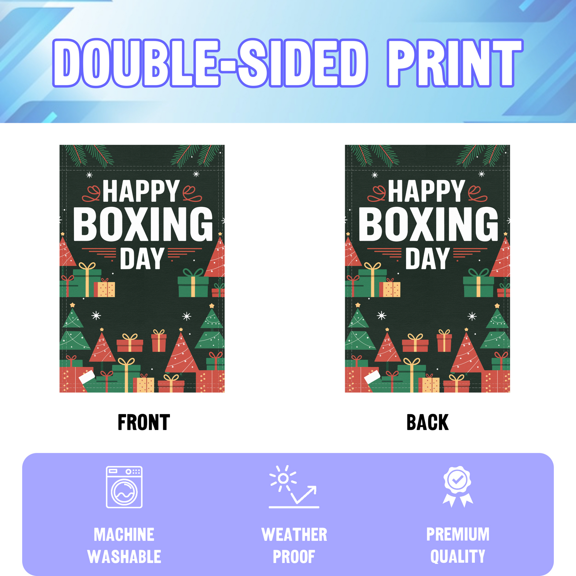 Happy Boxing Day garden flag displayed in an infographic, showing the double sided print and high quality characteristics | Bannerfi