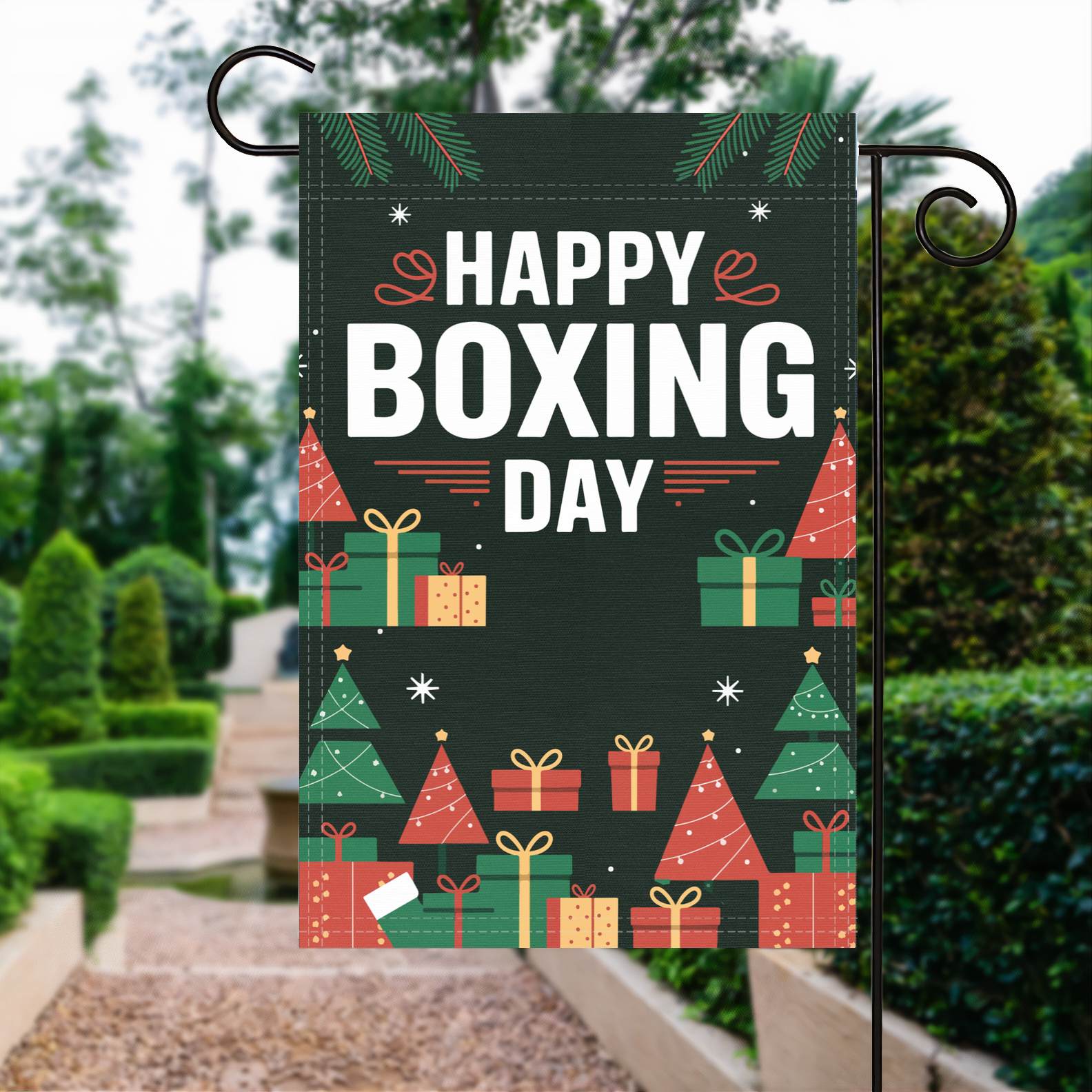 Happy Boxing Day garden flag made of weatherproof polyester displayed in a garden | Bannerfi