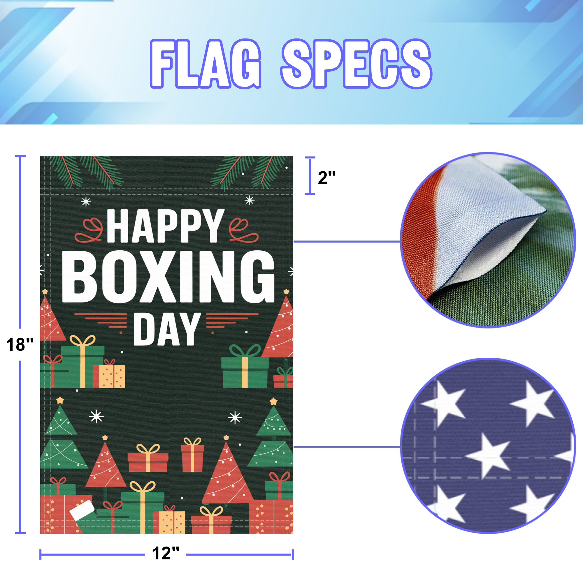 Happy Boxing Day garden flag size specifications, showing 12 inch width by 18 inch height and a 2 inch pole sleeve for a standard garden flagpole.