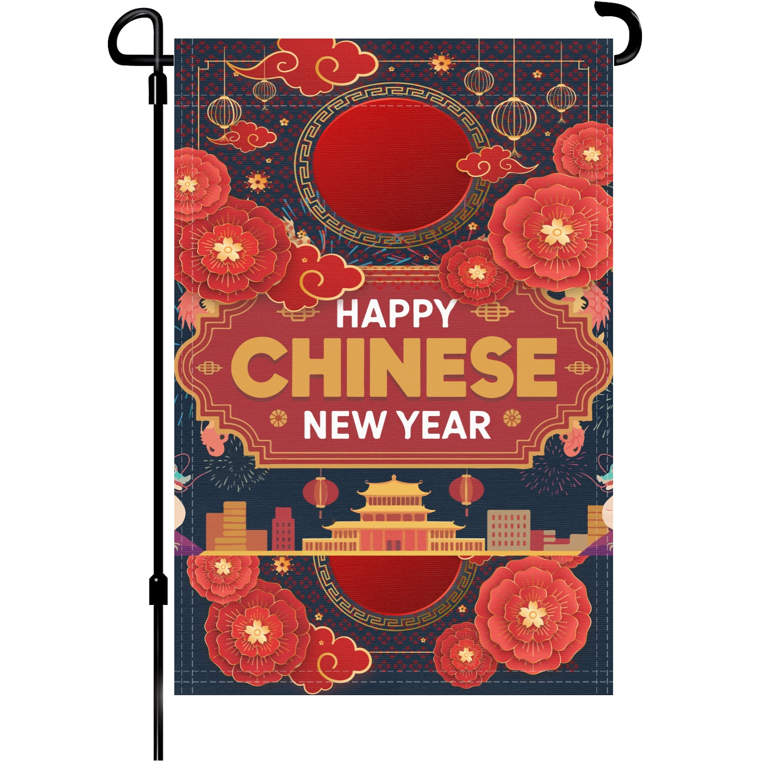Happy Chinese New Year garden flag made of weatherproof polyester mounted on a garden flagpole | Bannerfi