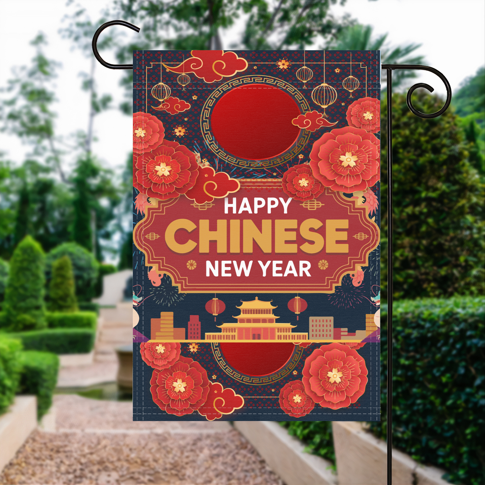 Happy Chinese New Year garden flag made of weatherproof polyester displayed in a garden | Bannerfi
