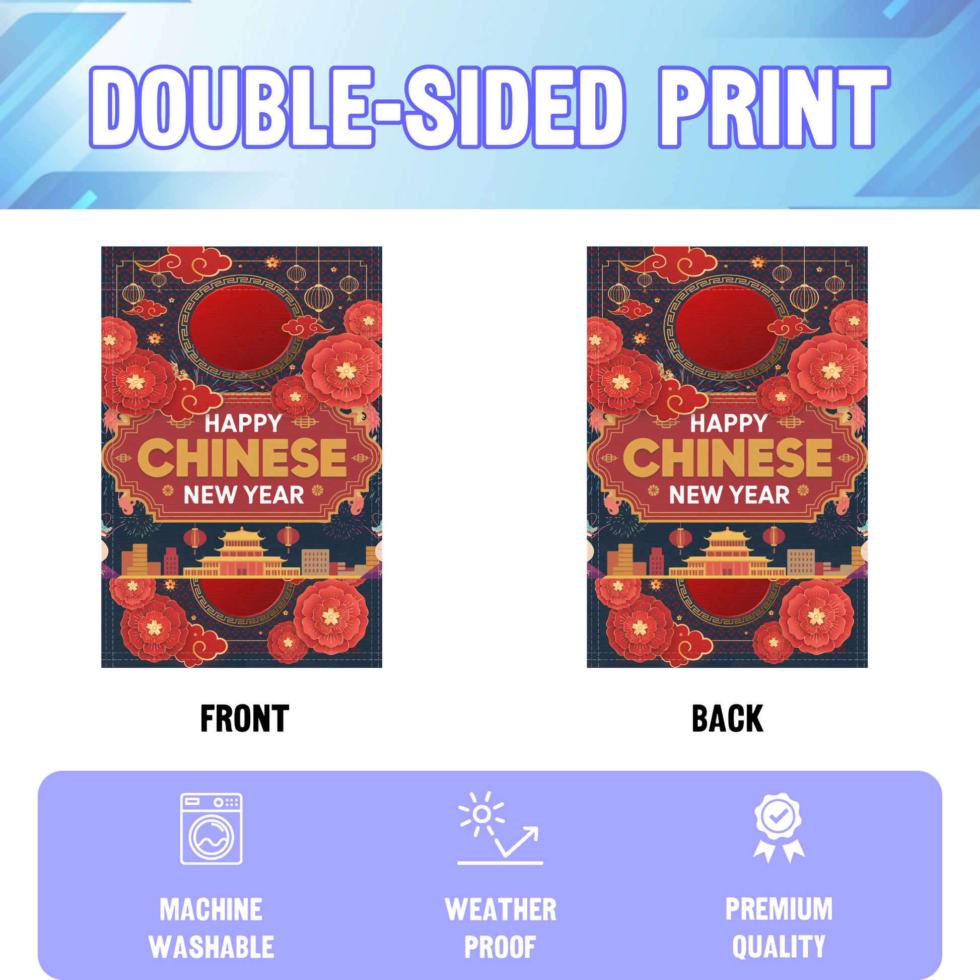 Happy Chinese New Year garden flag displayed in an infographic, showing the double sided print and high quality characteristics | Bannerfi