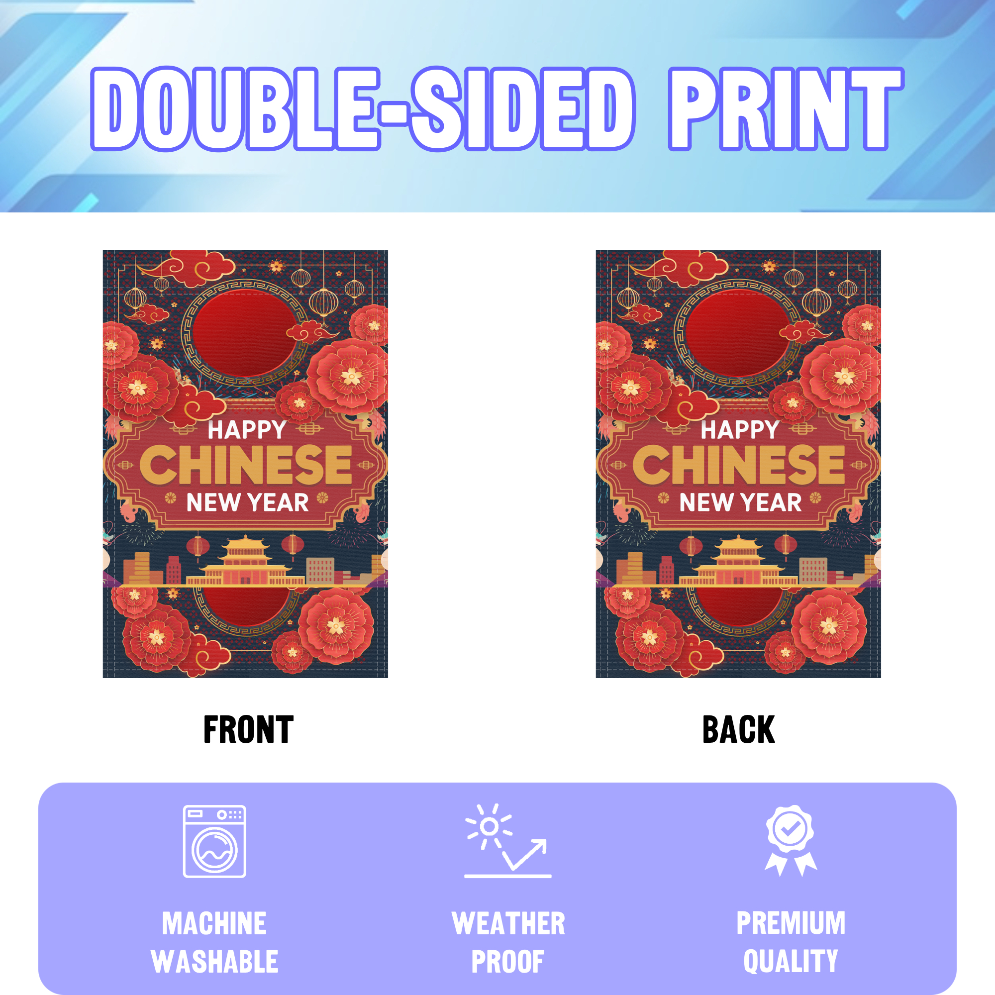 Happy Chinese New Year garden flag displayed in an infographic, showing the double sided print and high quality characteristics | Bannerfi