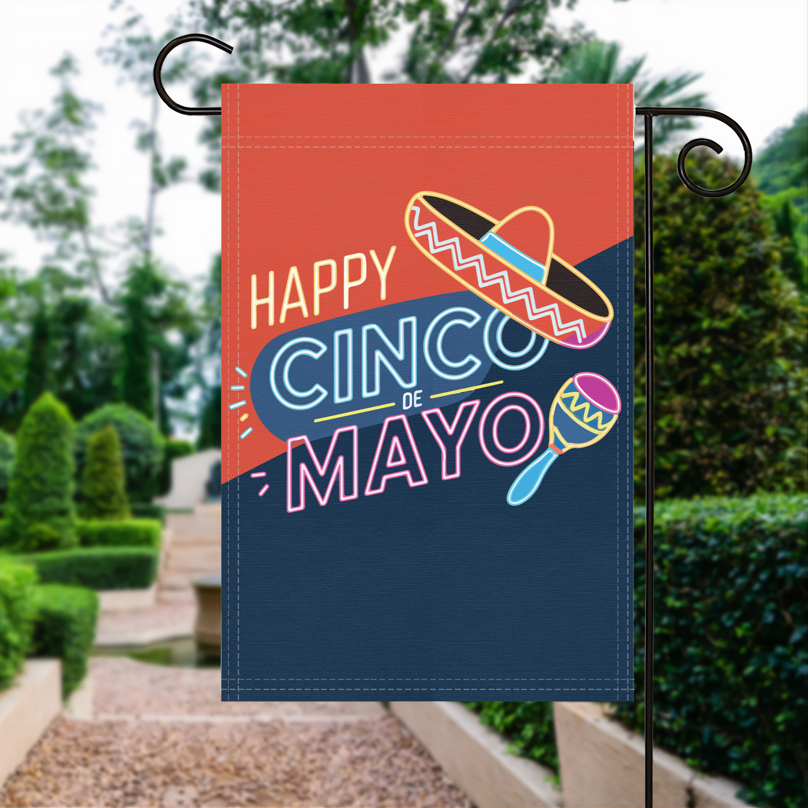 Happy Cinco De Mayo garden flag made of weatherproof polyester displayed in a garden | Bannerfi