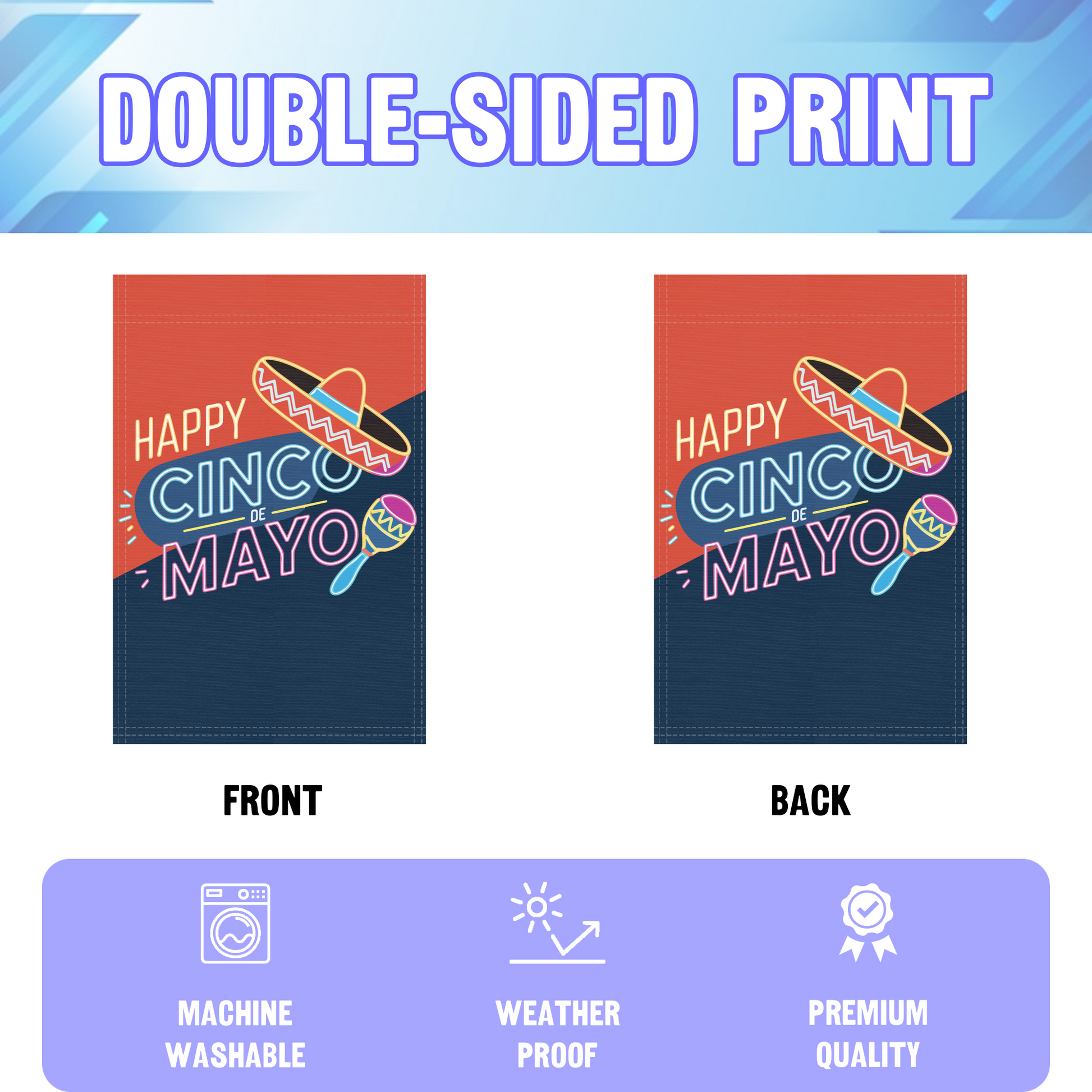 Happy Cinco De Mayo garden flag displayed in an infographic, showing the double sided print and high quality characteristics | Bannerfi