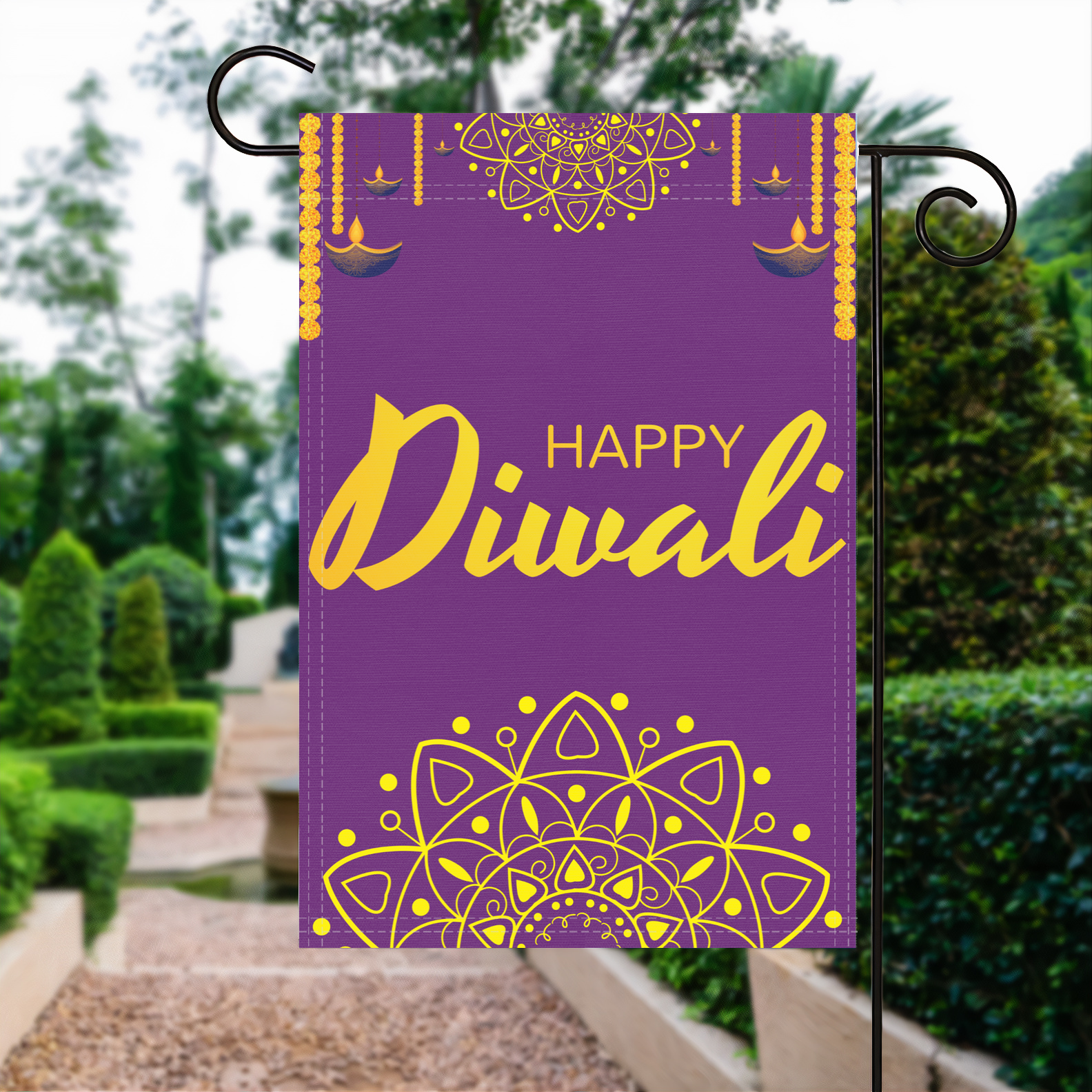 Happy Diwali garden flag made of weatherproof polyester displayed in a garden | Bannerfi