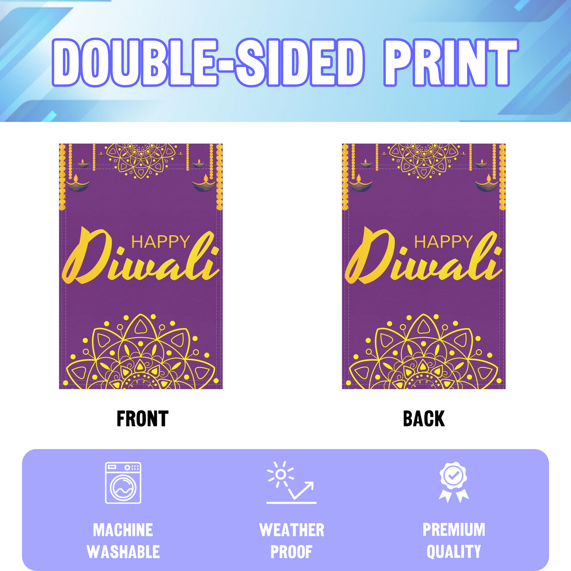 Happy Diwali garden flag displayed in an infographic, showing the double sided print and high quality characteristics | Bannerfi
