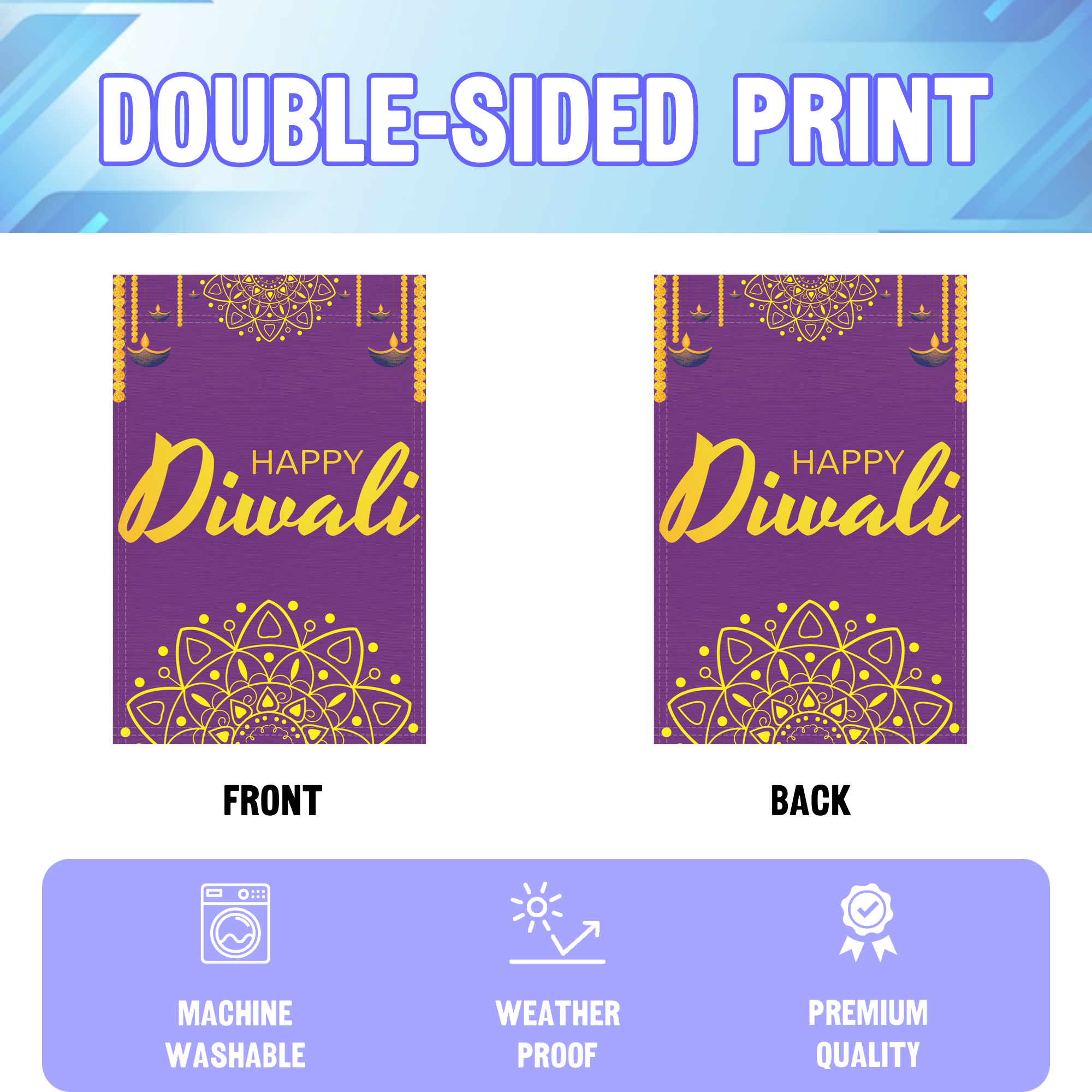 Happy Diwali garden flag displayed in an infographic, showing the double sided print and high quality characteristics | Bannerfi
