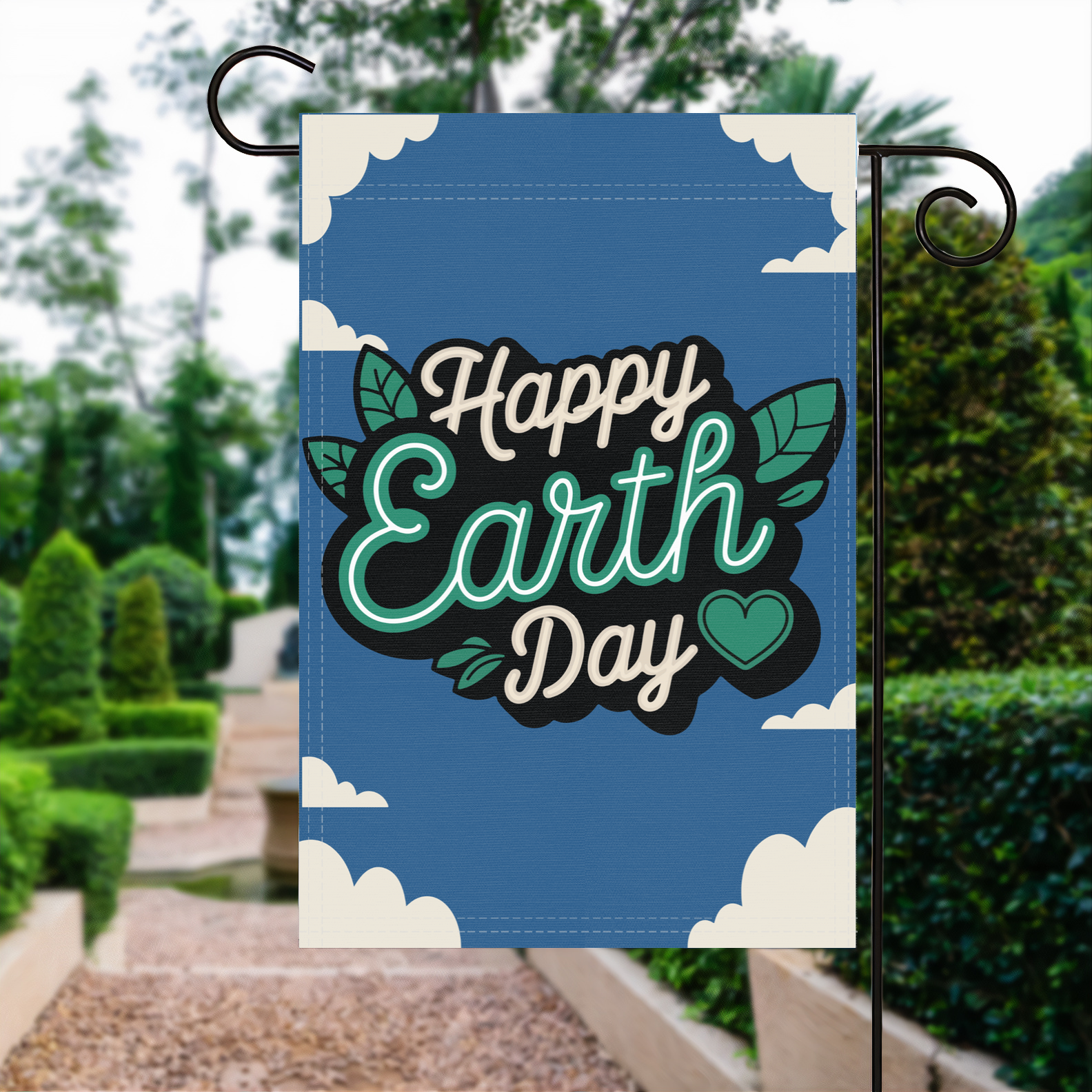 Happy Earth Day garden flag made of weatherproof polyester displayed in a garden | Bannerfi