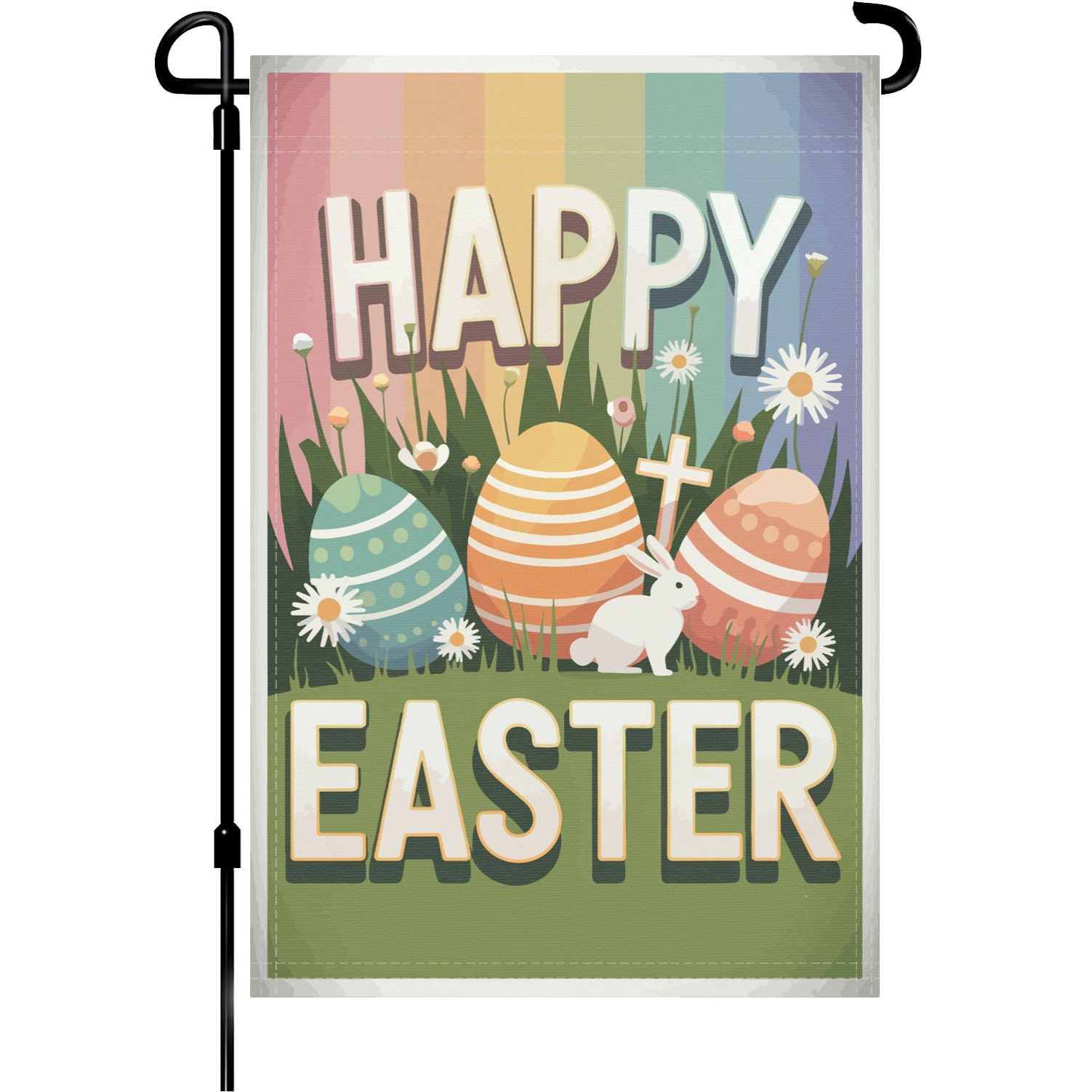 Happy Easter Rainbow garden flag made of weatherproof polyester mounted on a garden flagpole | Bannerfi
