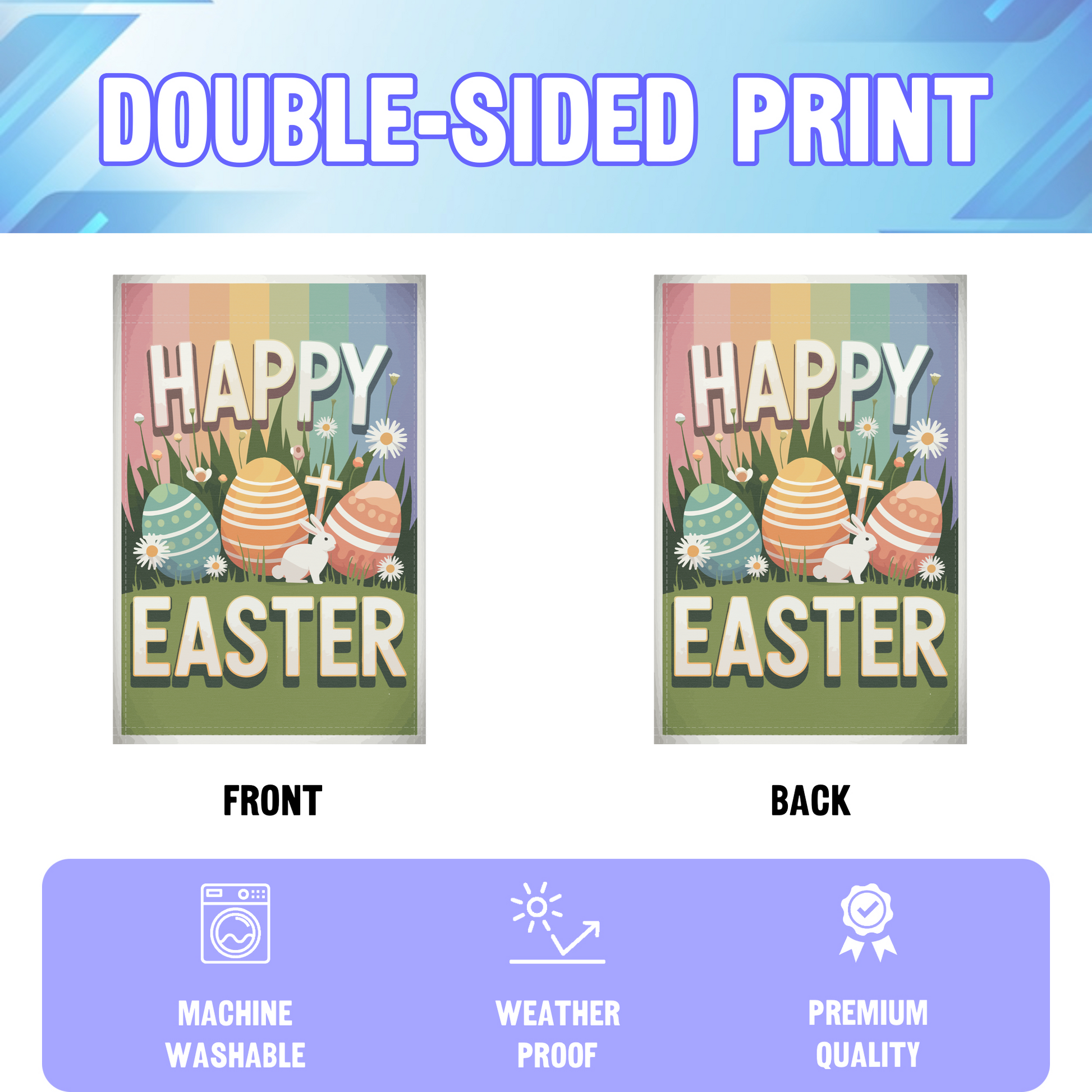Happy Easter Rainbow garden flag displayed in an infographic, showing the double sided print and high quality characteristics | Bannerfi