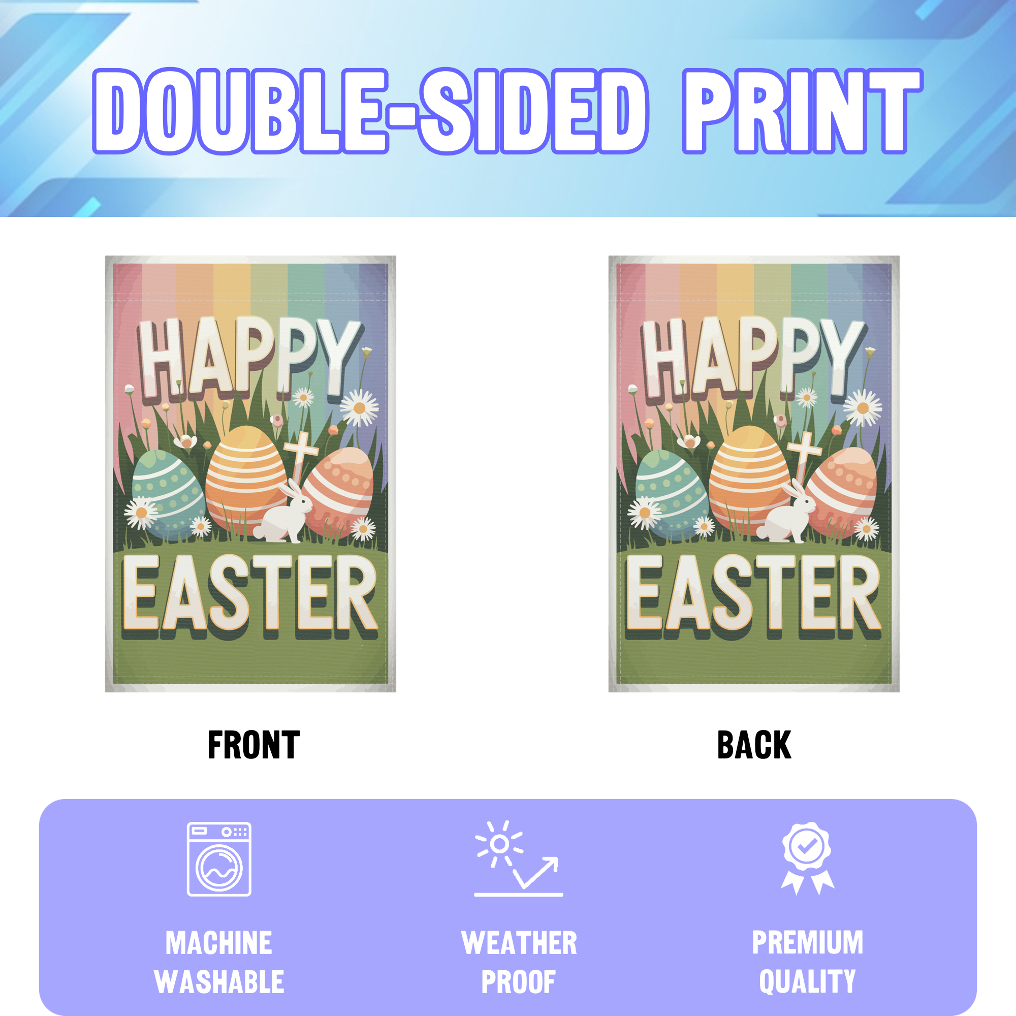 Happy Easter Rainbow garden flag displayed in an infographic, showing the double sided print and high quality characteristics | Bannerfi
