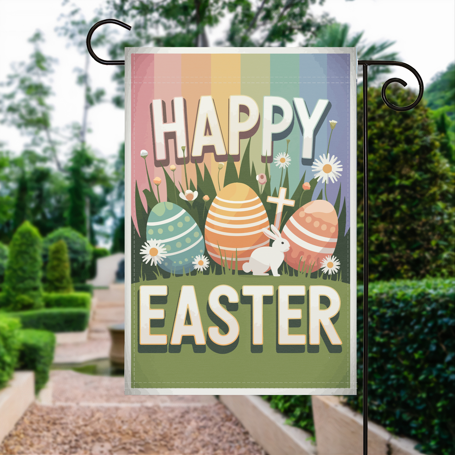 Happy Easter Rainbow garden flag made of weatherproof polyester displayed in a garden | Bannerfi