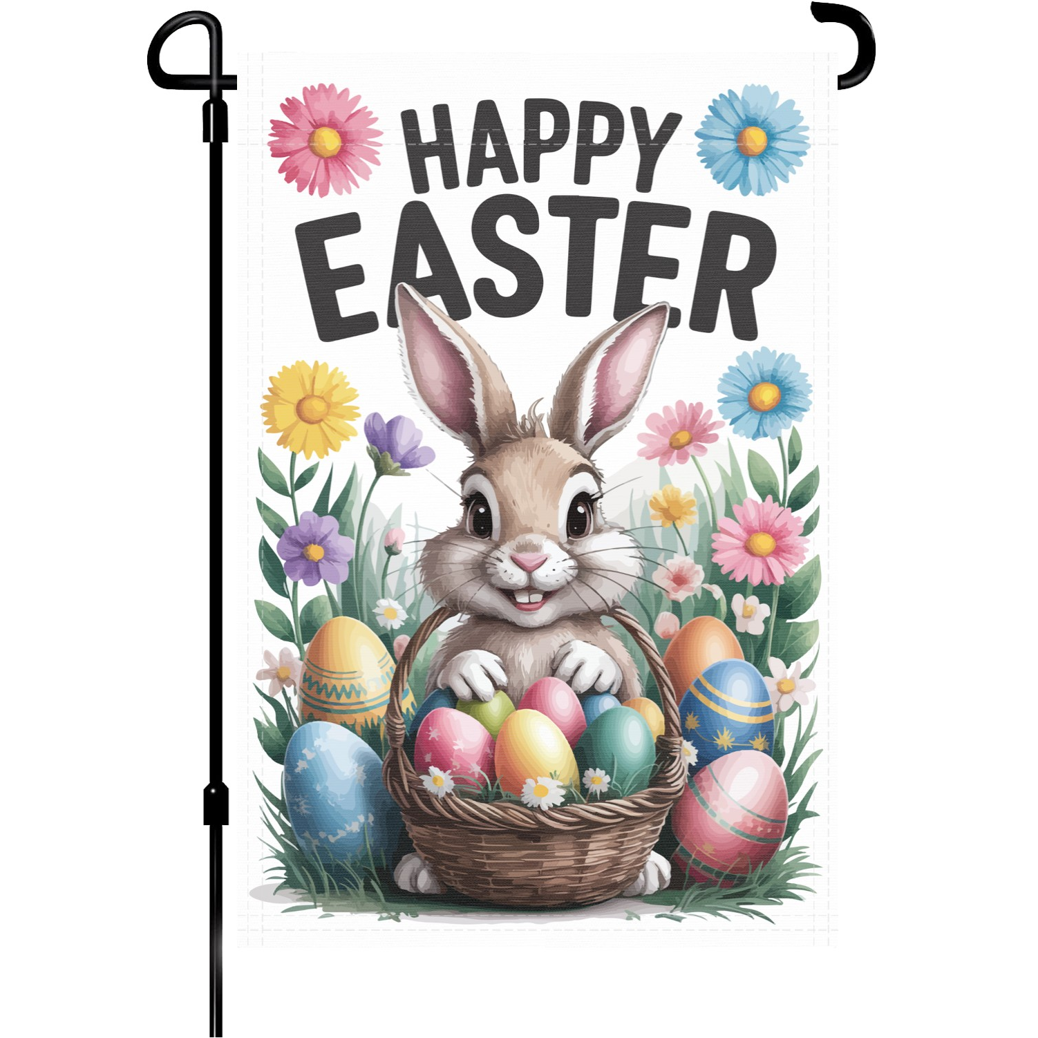 Happy Easter garden flag made of weatherproof polyester mounted on a garden flagpole | Bannerfi