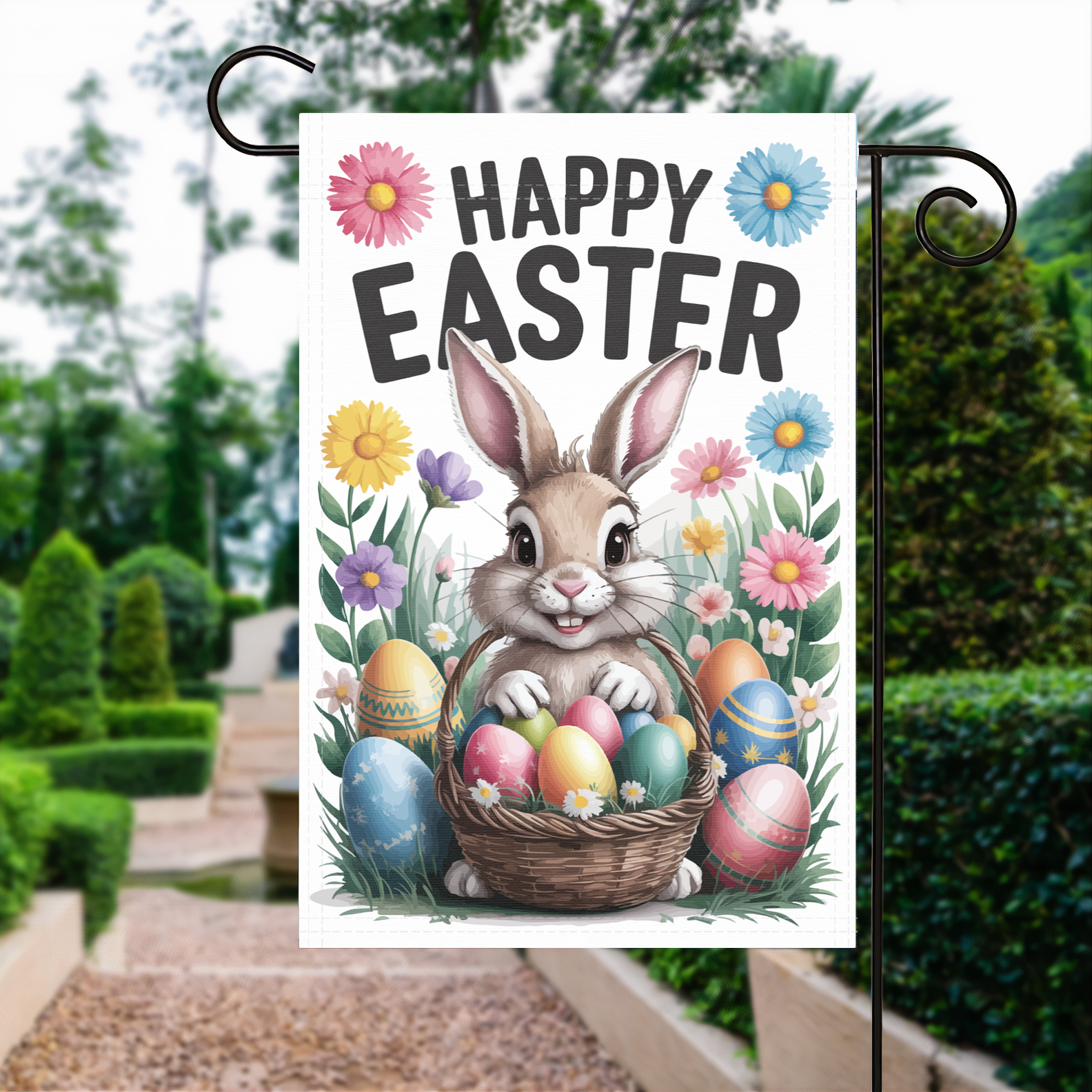 Happy Easter garden flag made of weatherproof polyester displayed in a garden | Bannerfi
