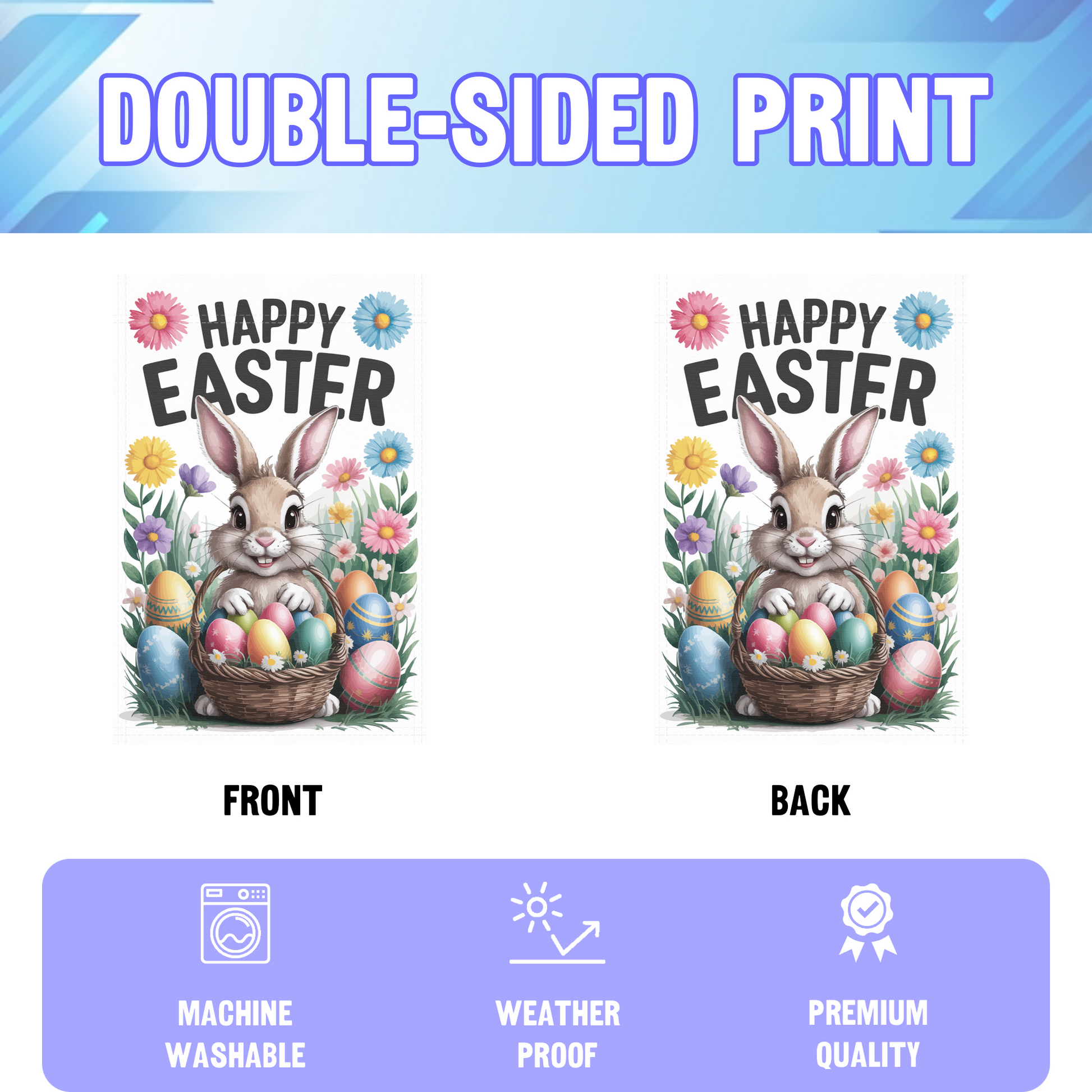 Happy Easter garden flag displayed in an infographic, showing the double sided print and high quality characteristics | Bannerfi