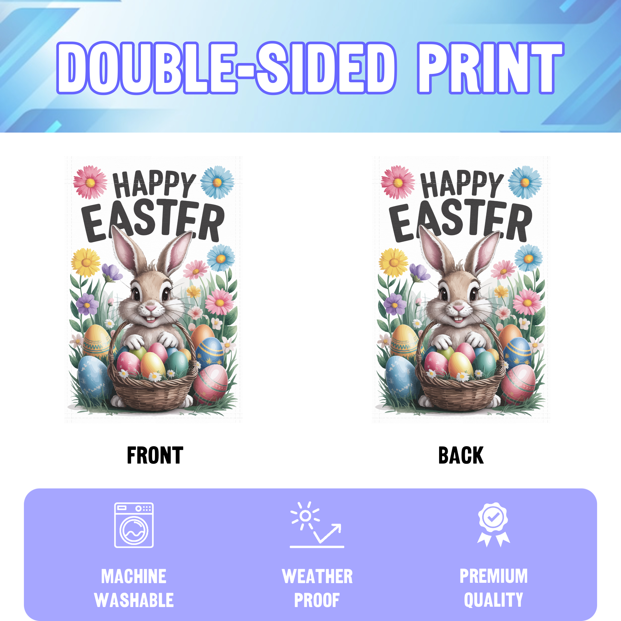 Happy Easter garden flag displayed in an infographic, showing the double sided print and high quality characteristics | Bannerfi