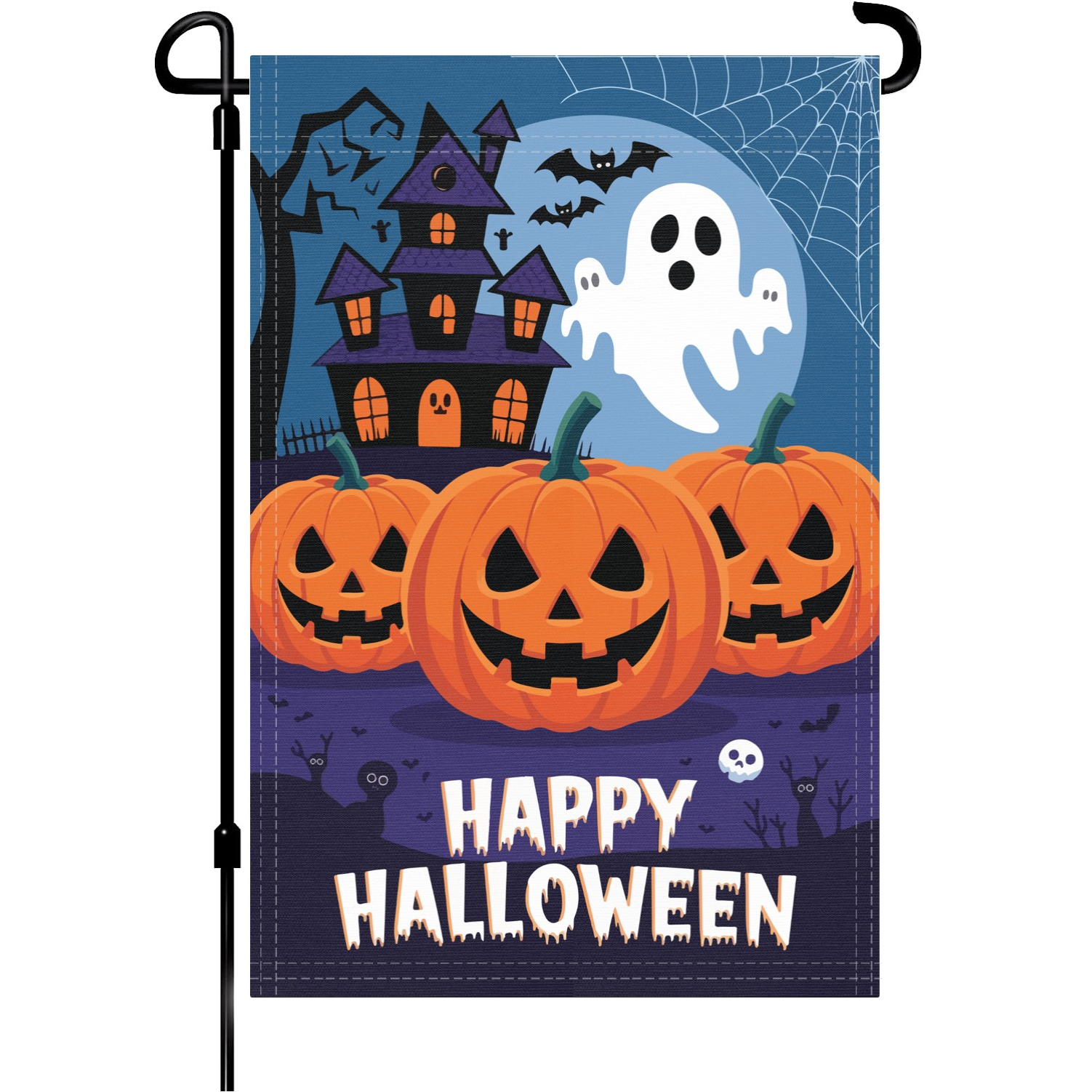 Happy Halloween garden flag made of weatherproof polyester mounted on a garden flagpole | Bannerfi