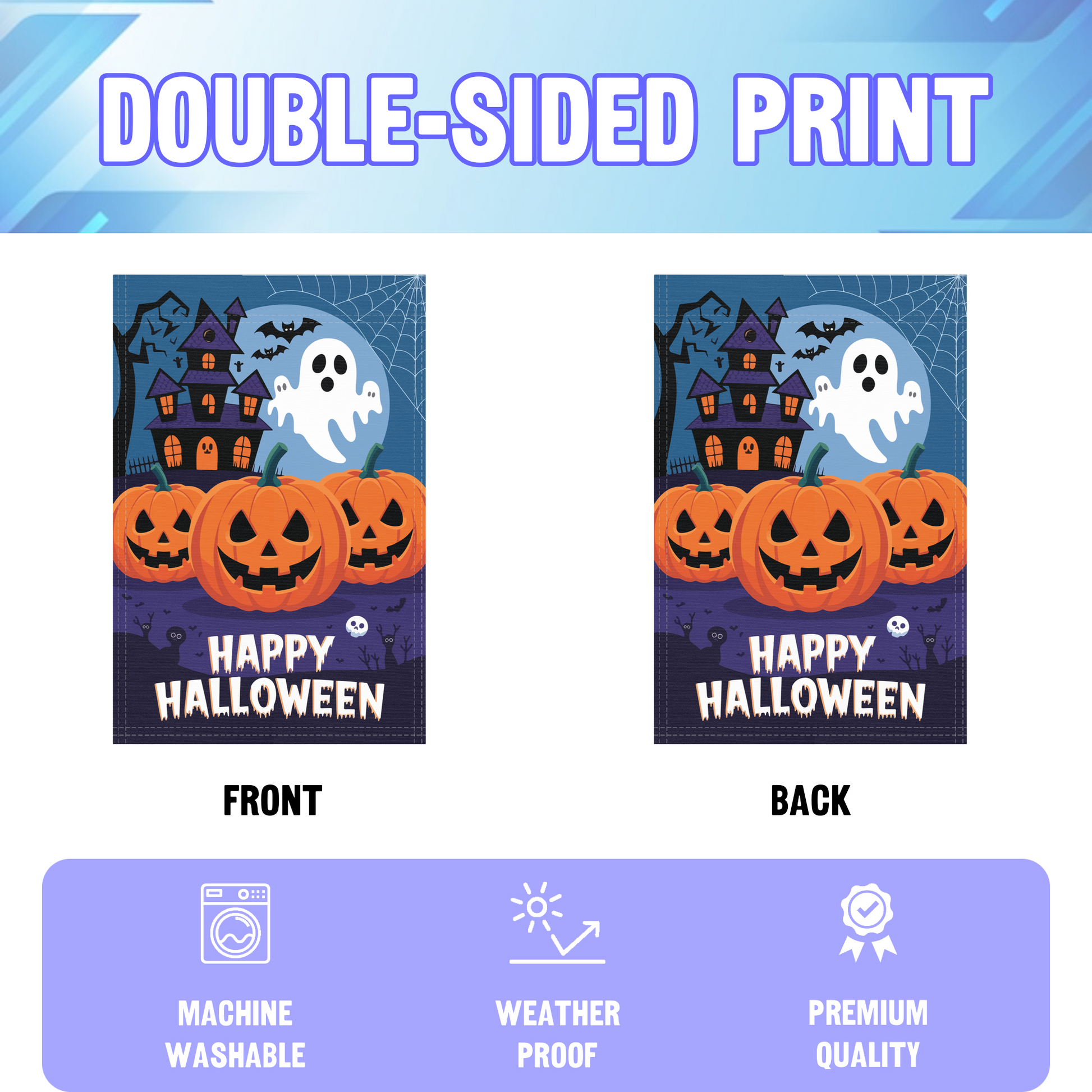 Happy Halloween garden flag displayed in an infographic, showing the double sided print and high quality characteristics | Bannerfi