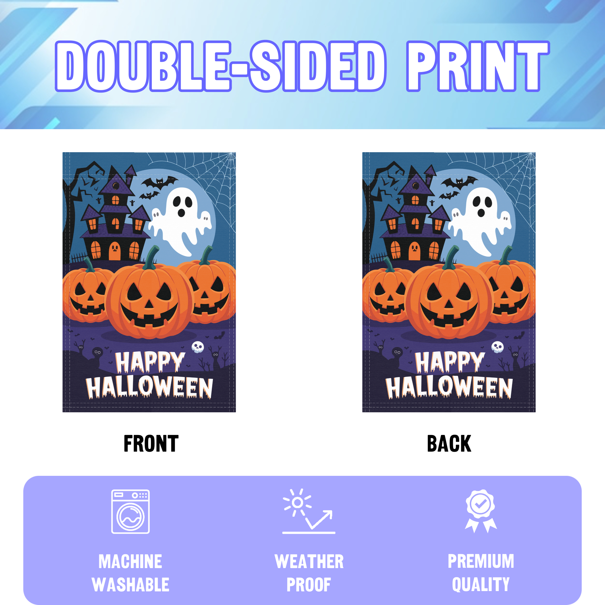 Happy Halloween garden flag displayed in an infographic, showing the double sided print and high quality characteristics | Bannerfi