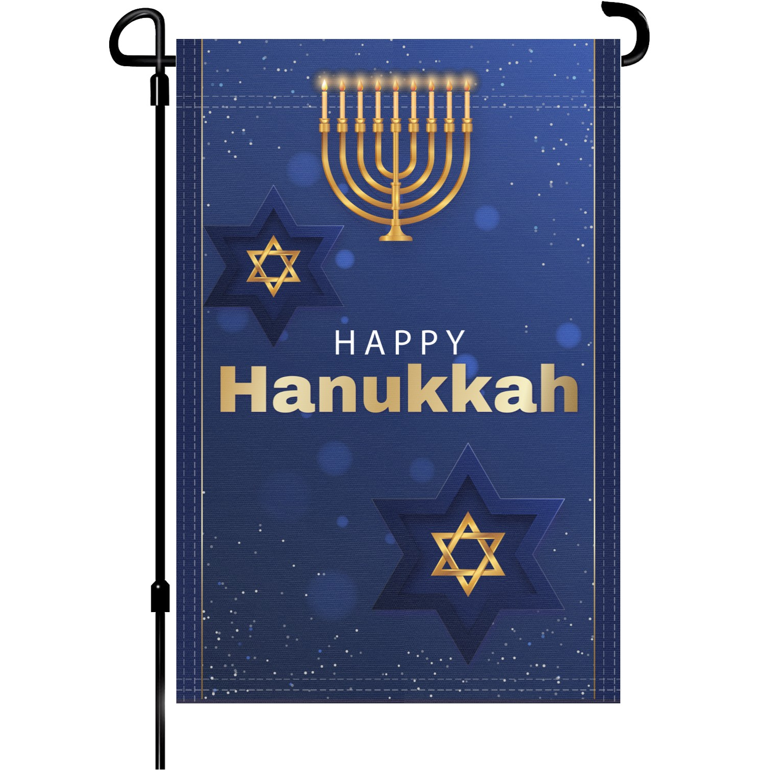 Happy Hanukkah garden flag made of weatherproof polyester mounted on a garden flagpole | Bannerfi