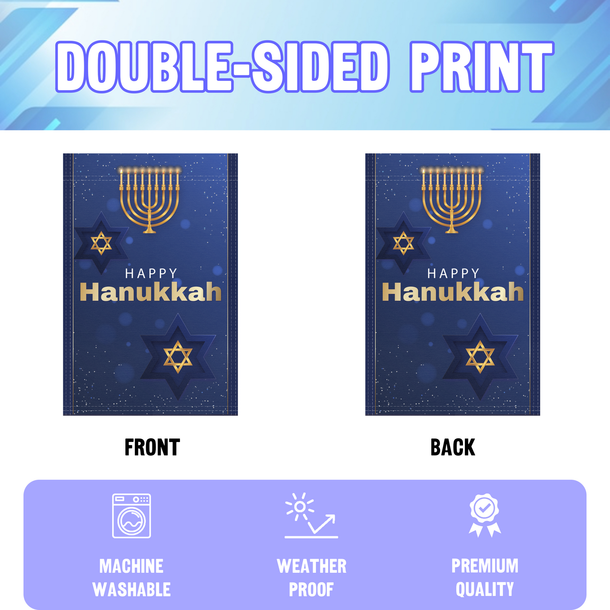 Happy Hanukkah garden flag displayed in an infographic, showing the double sided print and high quality characteristics | Bannerfi