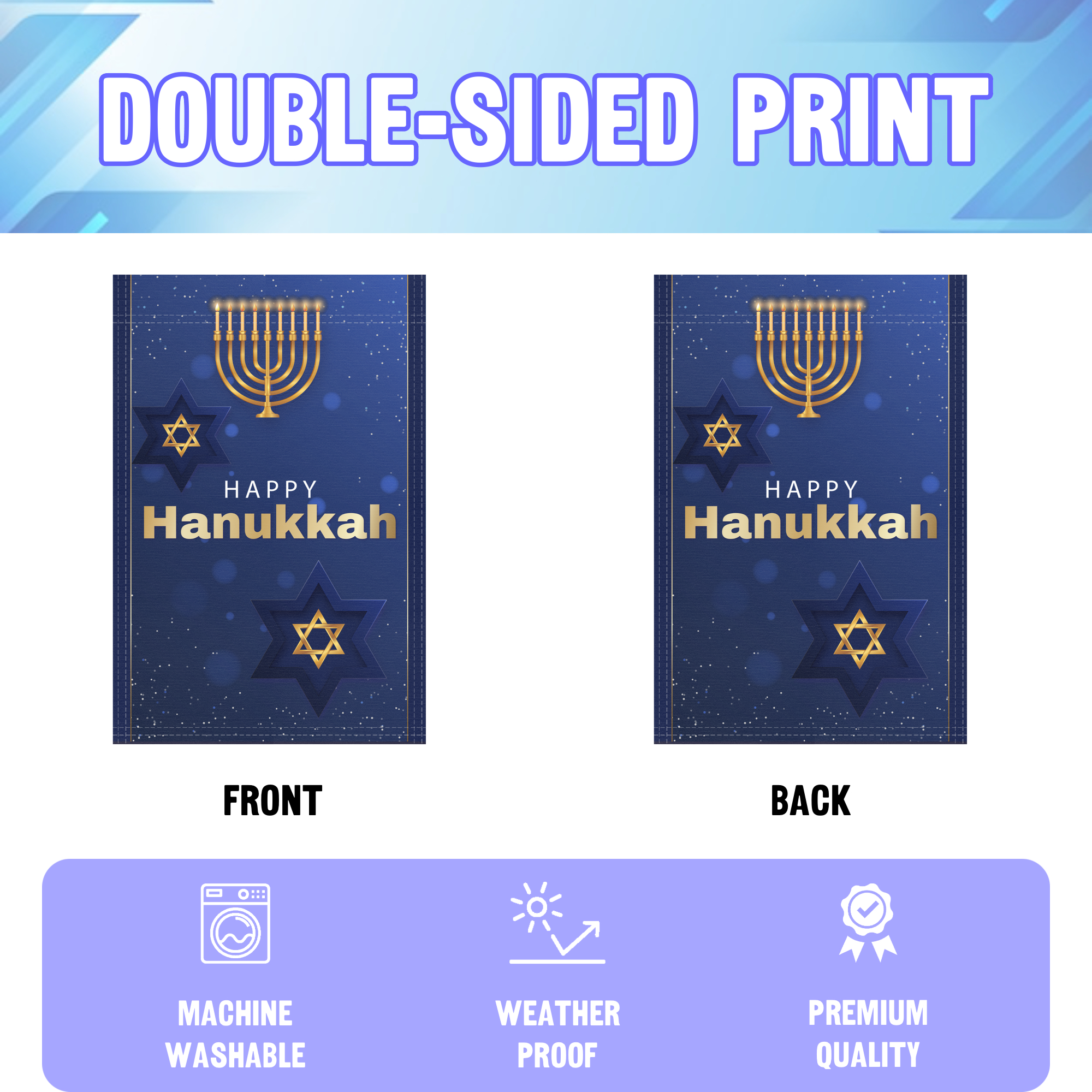 Happy Hanukkah garden flag displayed in an infographic, showing the double sided print and high quality characteristics | Bannerfi
