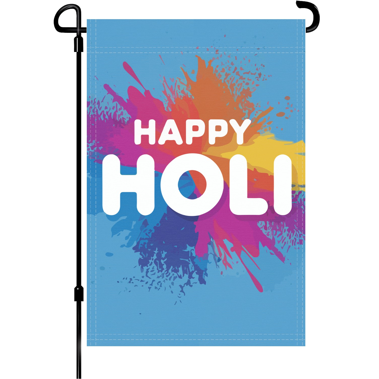 Happy Holi garden flag made of weatherproof polyester mounted on a garden flagpole | Bannerfi