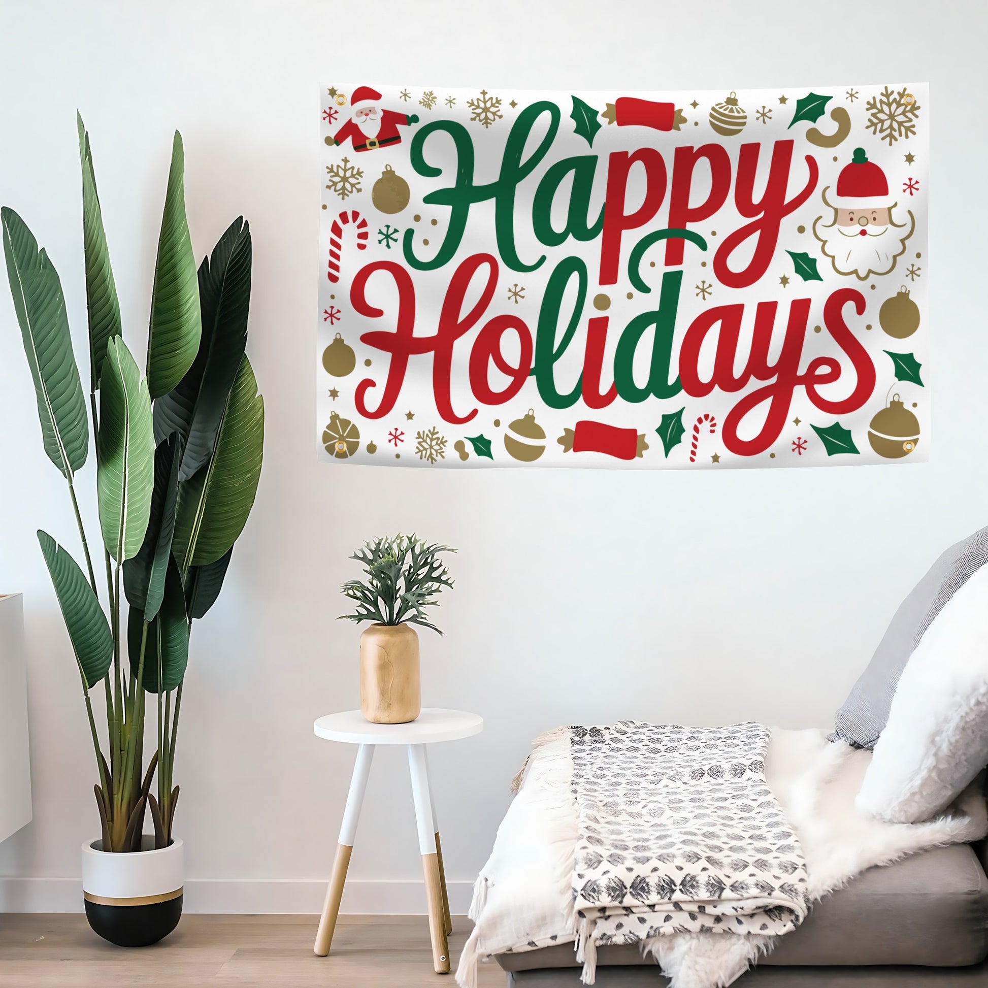 Decorative wall flag banner with 'Happy Holidays' text in a living room setting.